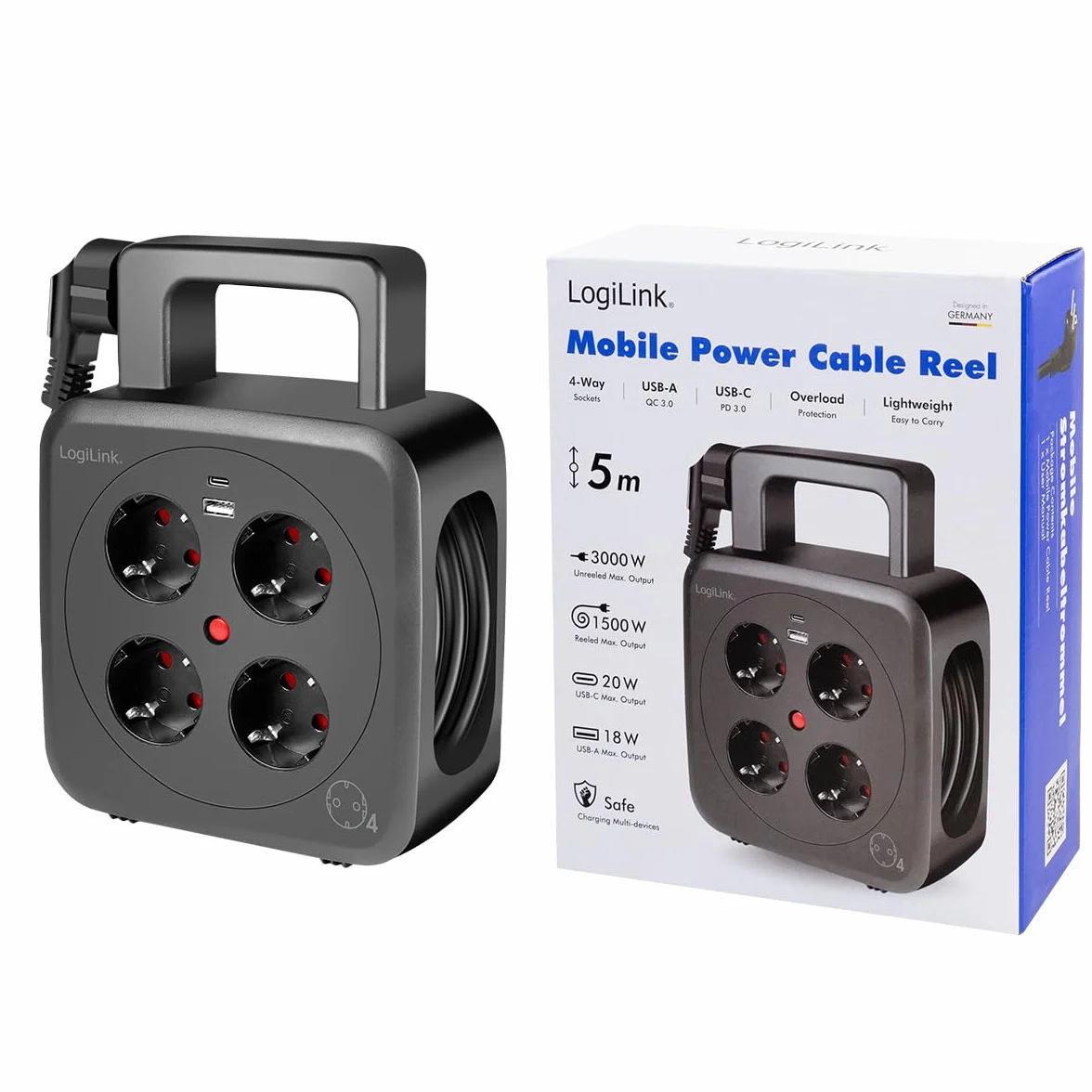 LogiLink LPS504 bęben kablowy 5 m 4 gniazda wtykowe USB-A USB-C IP20 termiczny wyłącznik przeciążeniowy