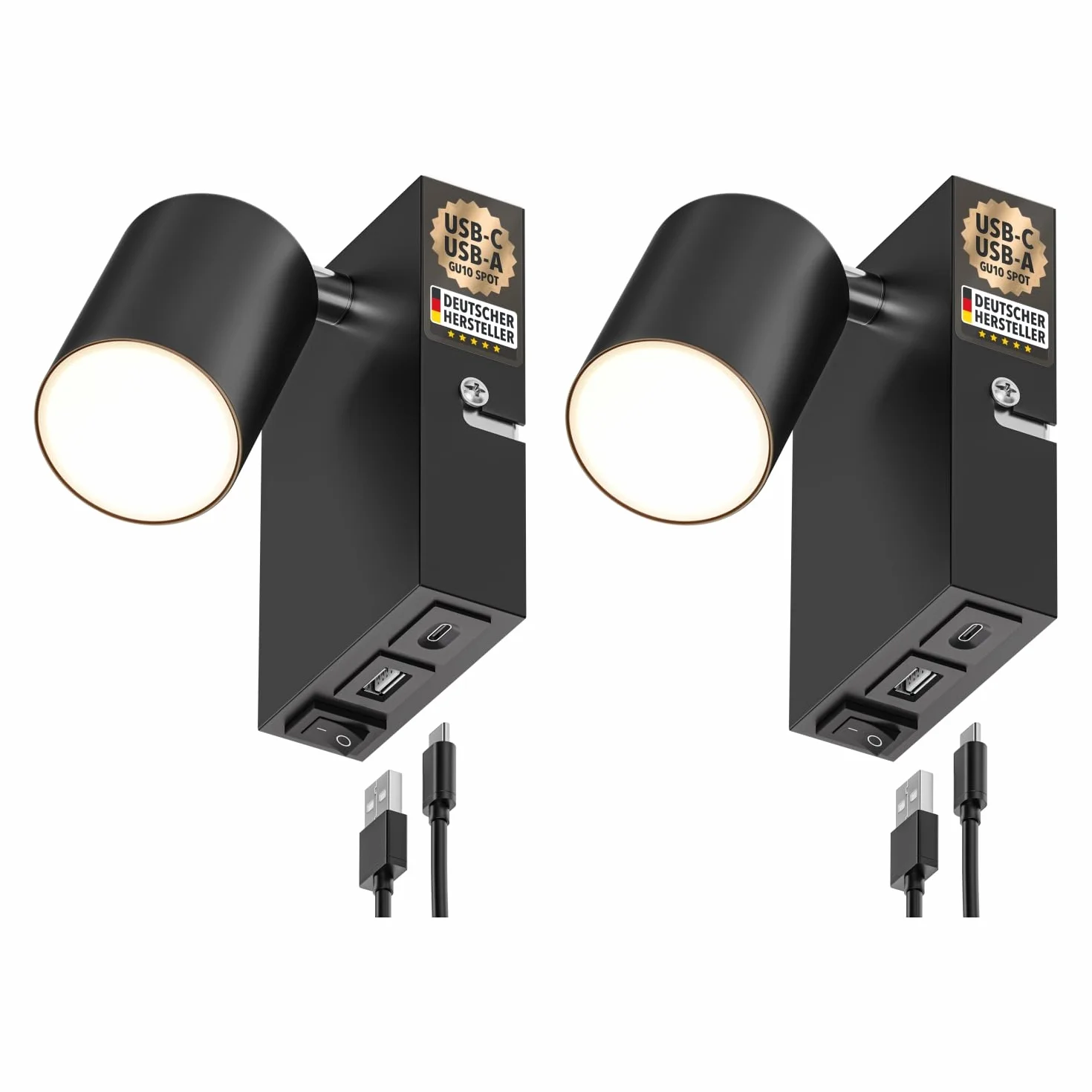 ledscom.de 2 sztuki Lampa ścienna WAIKA, 1-światło, czarna, USB-C, USB-A, z lampą LED GU10 450lm, ciepła biel