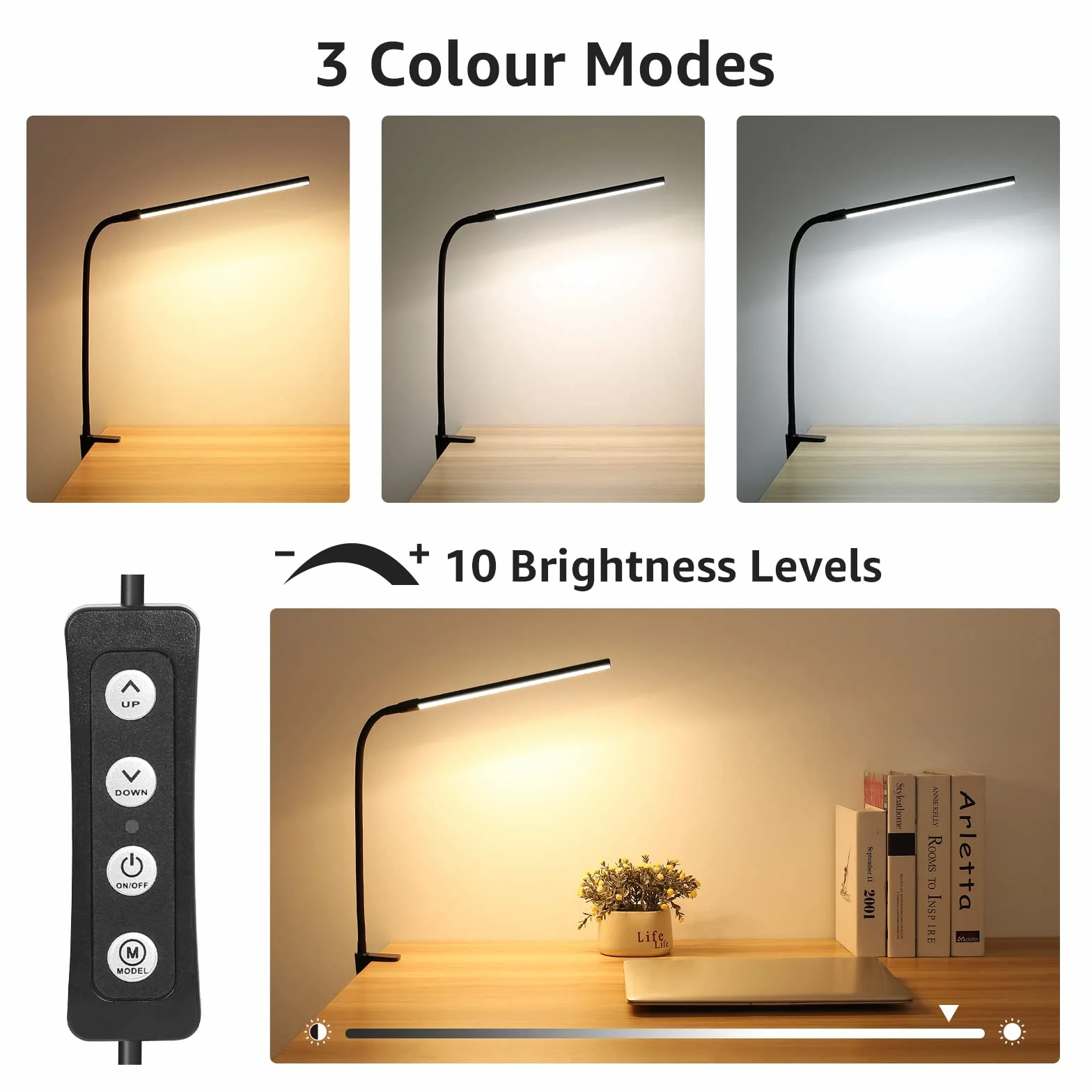 Lepro Lampa biurkowa LED zaciskowa z ramieniem obrotowym, ochrona oczu, USB, 3 kolory 10 poziomów jasności, czarna
