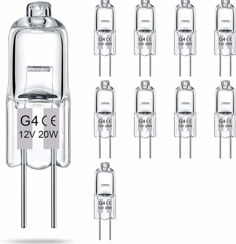 Voarge 10 sztuk żarówek halogenowych G4, 12 V, ciepła żółta, ściemnianie, 20 W, niskonapięciowe światło przednie, lampa kapsułkowa do oświetlenia wewnętrznego, sypialni, kuchni, lampa sygnalizacyjna
