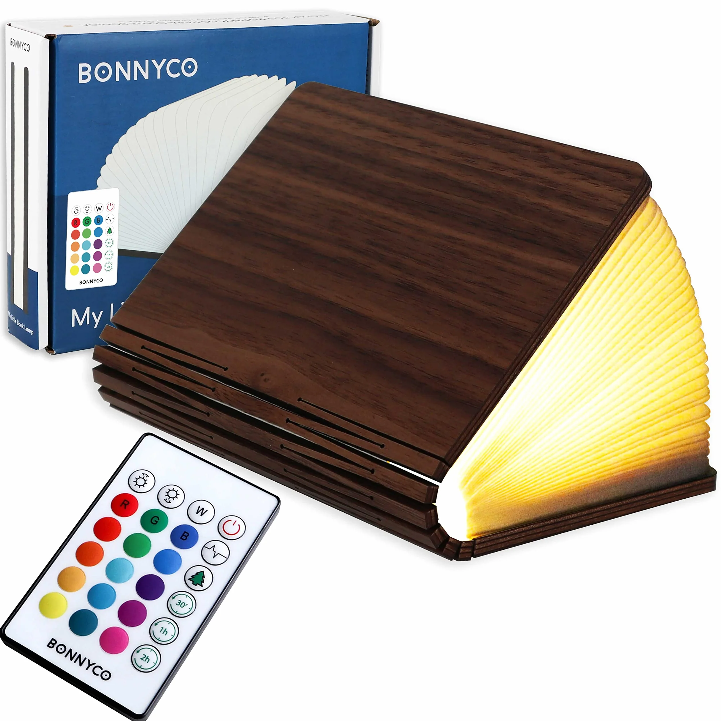 BONNYCO Lampa w Kształcie Książki Drewniana Składana z Pilotem 16 Kolorów Czasomierzem LED Stołowa Lampka Nocna