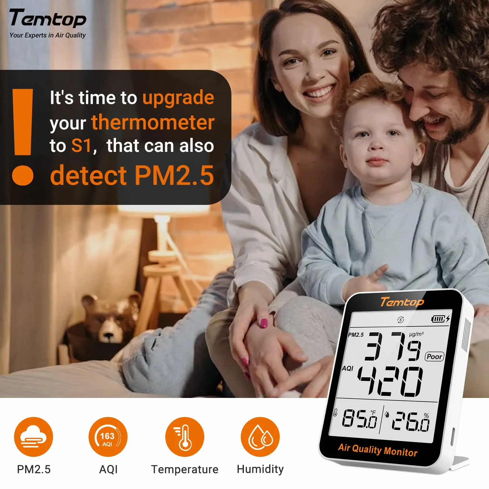 Temtop Monitor jakości powietrza PM2.5 AQI miernik temperatury wilgotności detektor przenośny bateryjny 4 interwały odświeżania
