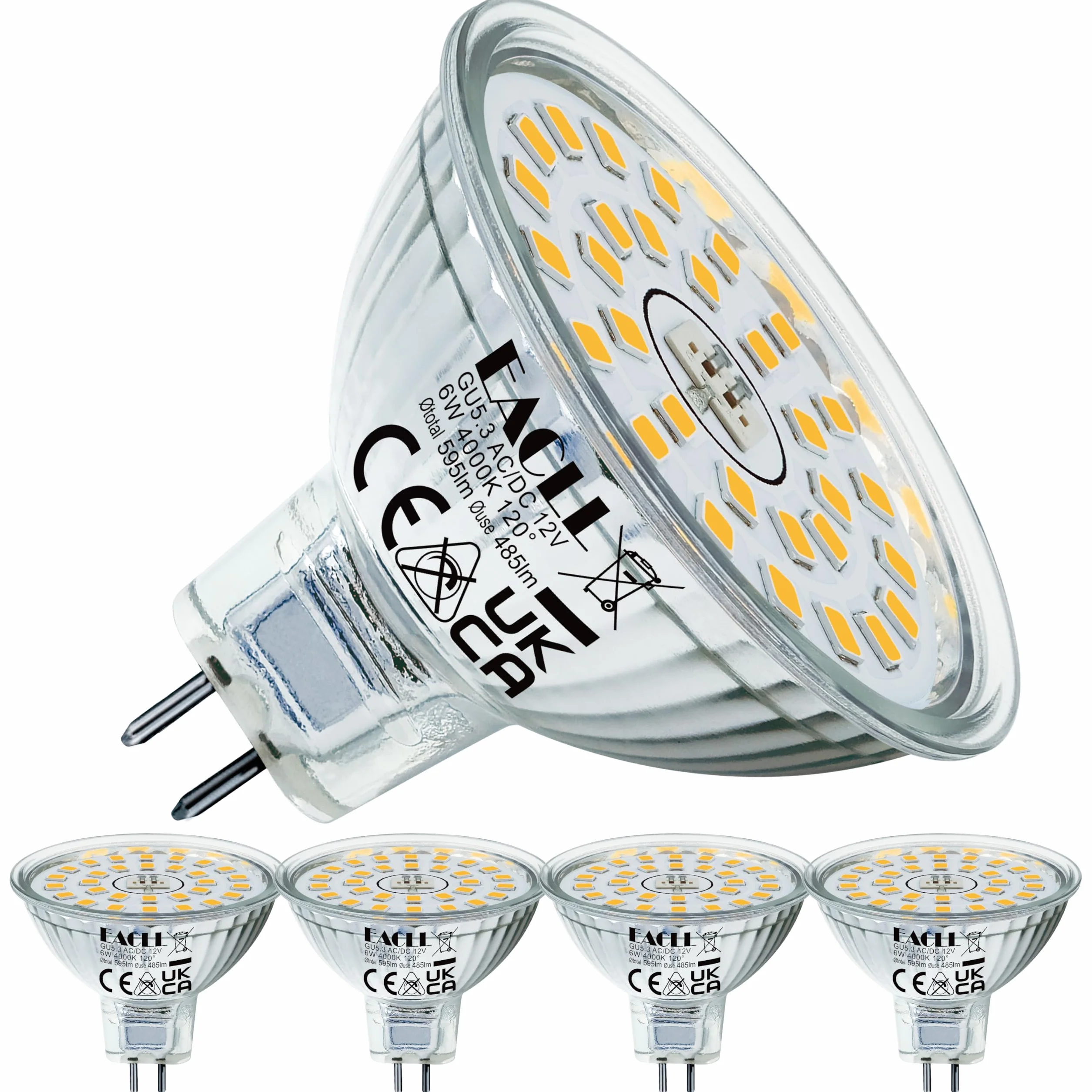 EACLL GU5.3 LED 4000K 6W MR16 50W zastępuje 4 szt. neutralna biel 485 lumenów AC/DC 12V bez migotania kąt 120° punktowy