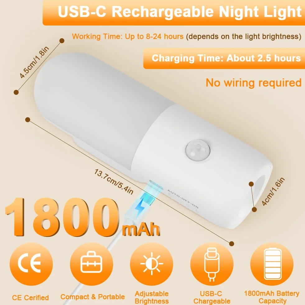 HOTUT Lampka nocna LED z czujnikiem ruchu USB, 3 temperatury barwowe, ściemniana, magnetyczna