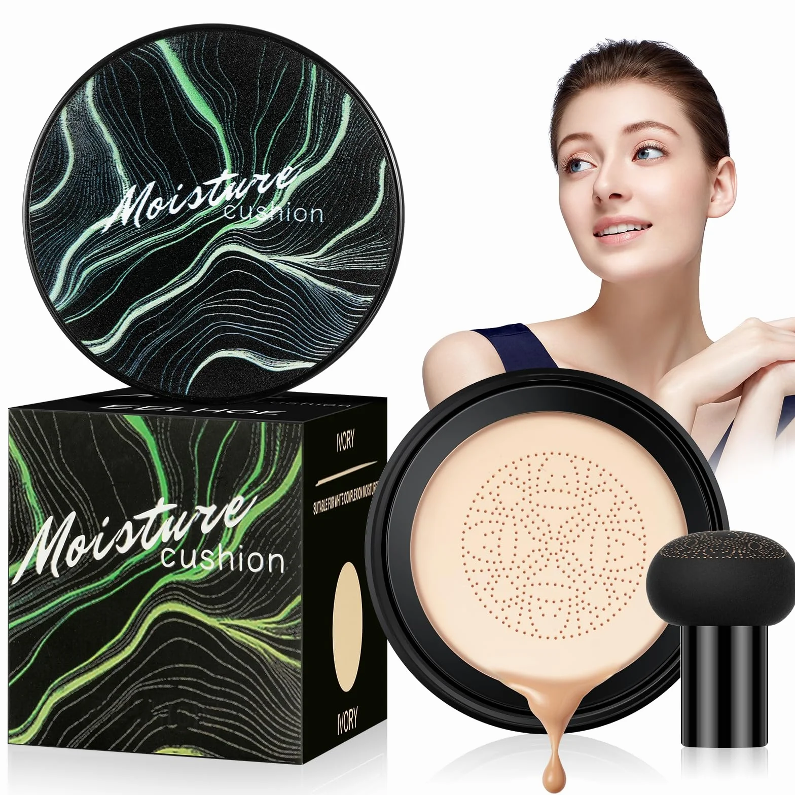 Poduszka powietrzna z głową grzyba CC Cream, Beauty Mushroom, kremowa poduszka powietrzna, podkład, korektor, krem BB, nawilżający, rozjaśniający, równomierny odcień skóry (kość słoniowa)