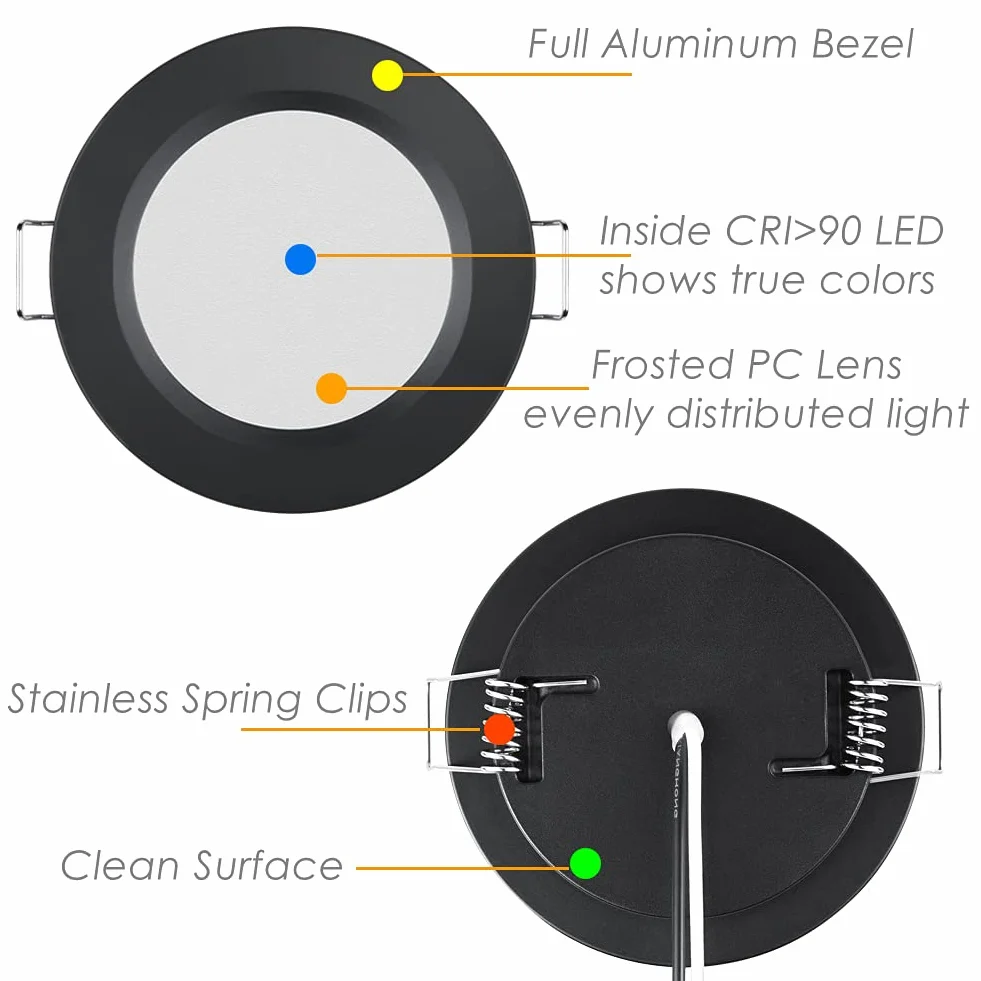Acegoo Reflektor LED DC 12V 3000K 6 sztuk Płaski Downlight Aluminium Ciepłe Światło Czarny