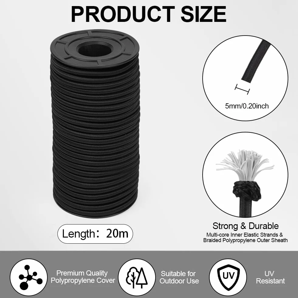 Bungee sznurki elastyczny 5 mm x 20 m ciężka lina do przyczepy plandeki namiotu DIY czarne