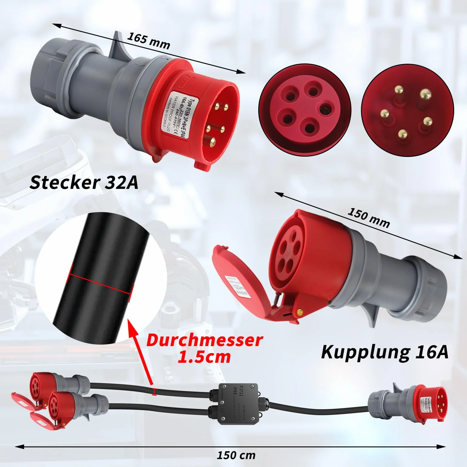 Adapter CEE 32 A na 16 A, 2 x gniazdo CEE 230 V 16 A, 5-biegunowy, przedłużacz IP44-68, rozdzielacz prądu 1,5 m