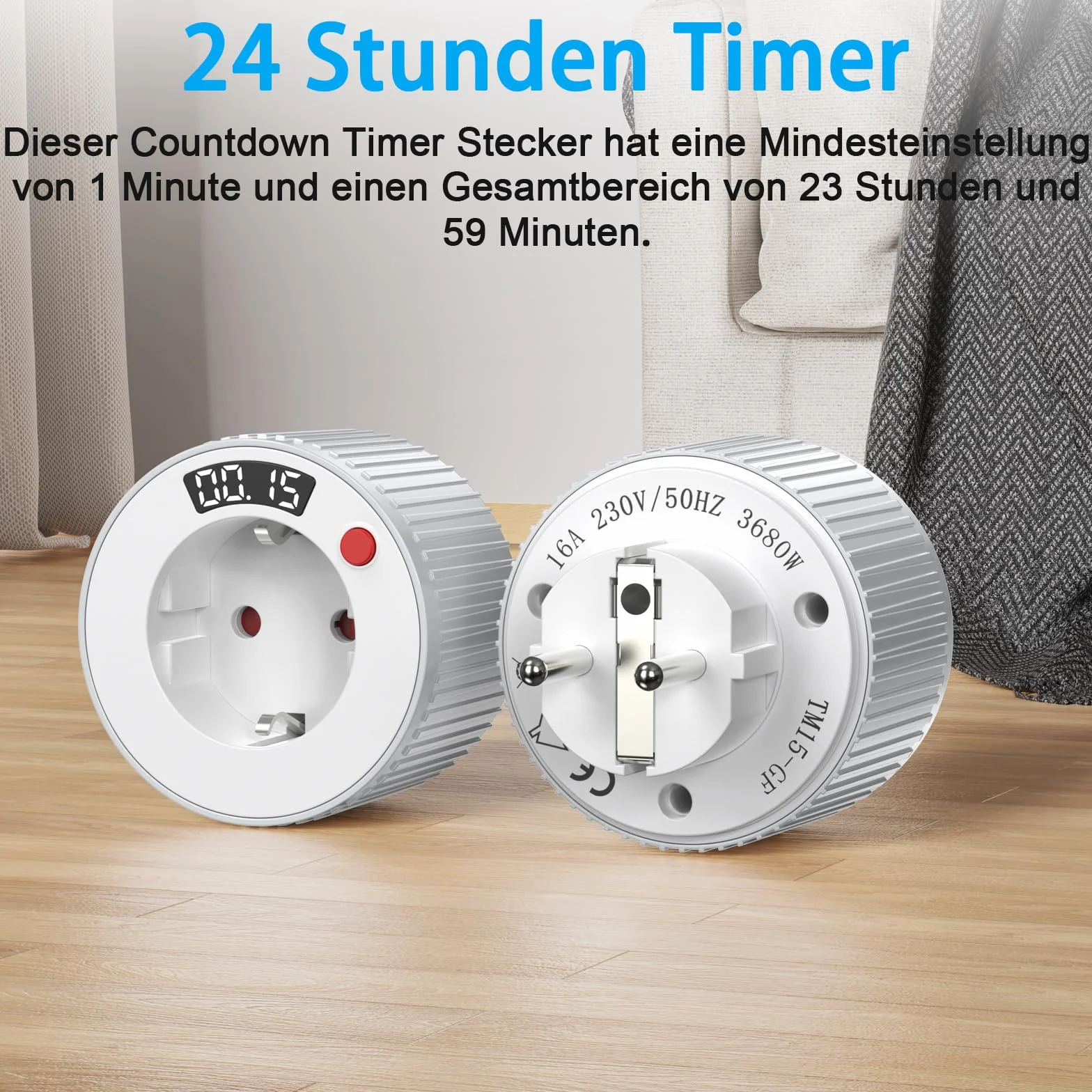 Programator czasowy gniazdko z timerem, 1 min do 24 h, przełącznik obrotowy LED, 16 A, 3600 W, 230 V biały