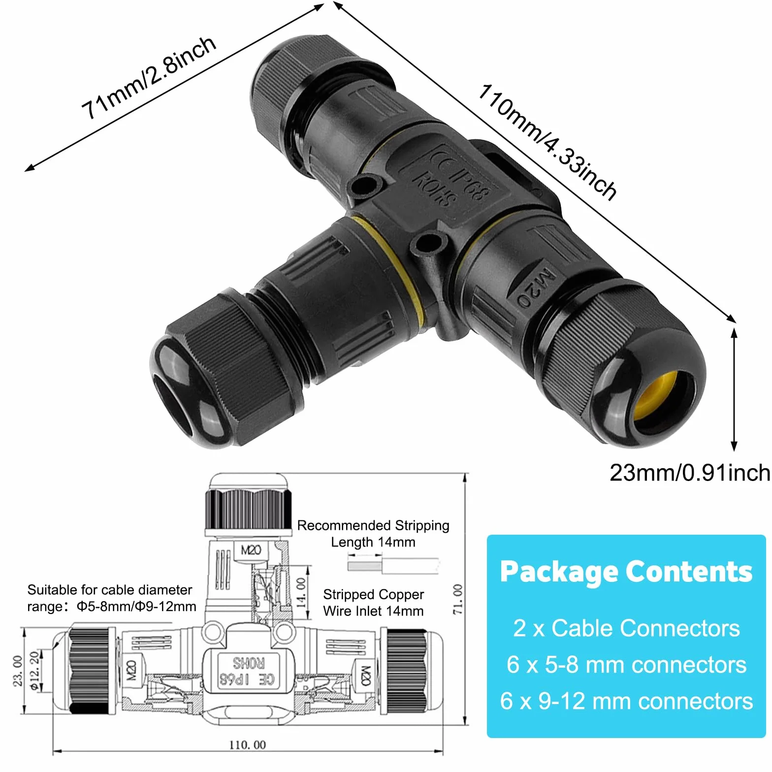 Złączka kablowa 3-biegunowa IP68 5-12 mm 2 sztuki wodoszczelna zewnętrzna