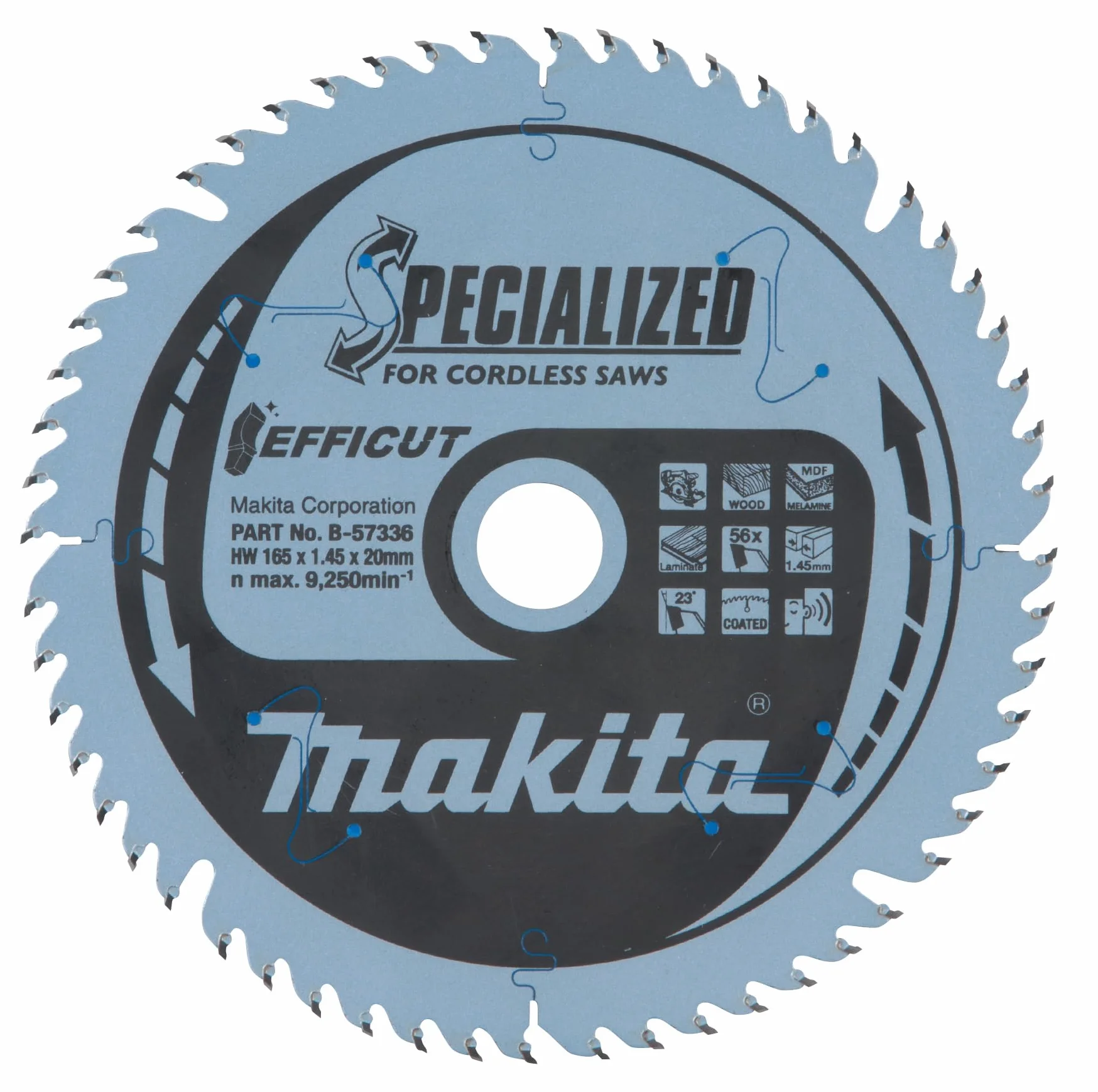 Makita B-57336 EFFICUT brzeszczot do piły tarczowej Ø 165 x 1,45 x 20 mm, 56 zębów, kąt zębów 23°, do drewna, MDF, laminatu