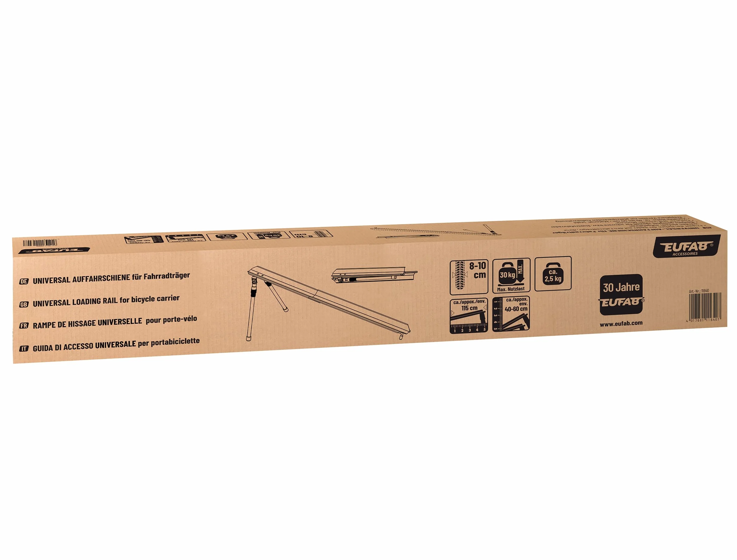 EUFAB 11640 uniwersalna szyna najazdowa do bagażnika rowerowego, ok. 115 cm, regulowana wysokość 40-60 cm, obciążenie użytkowe 30 kg, do opon o szerokości 8-10 cm, składana