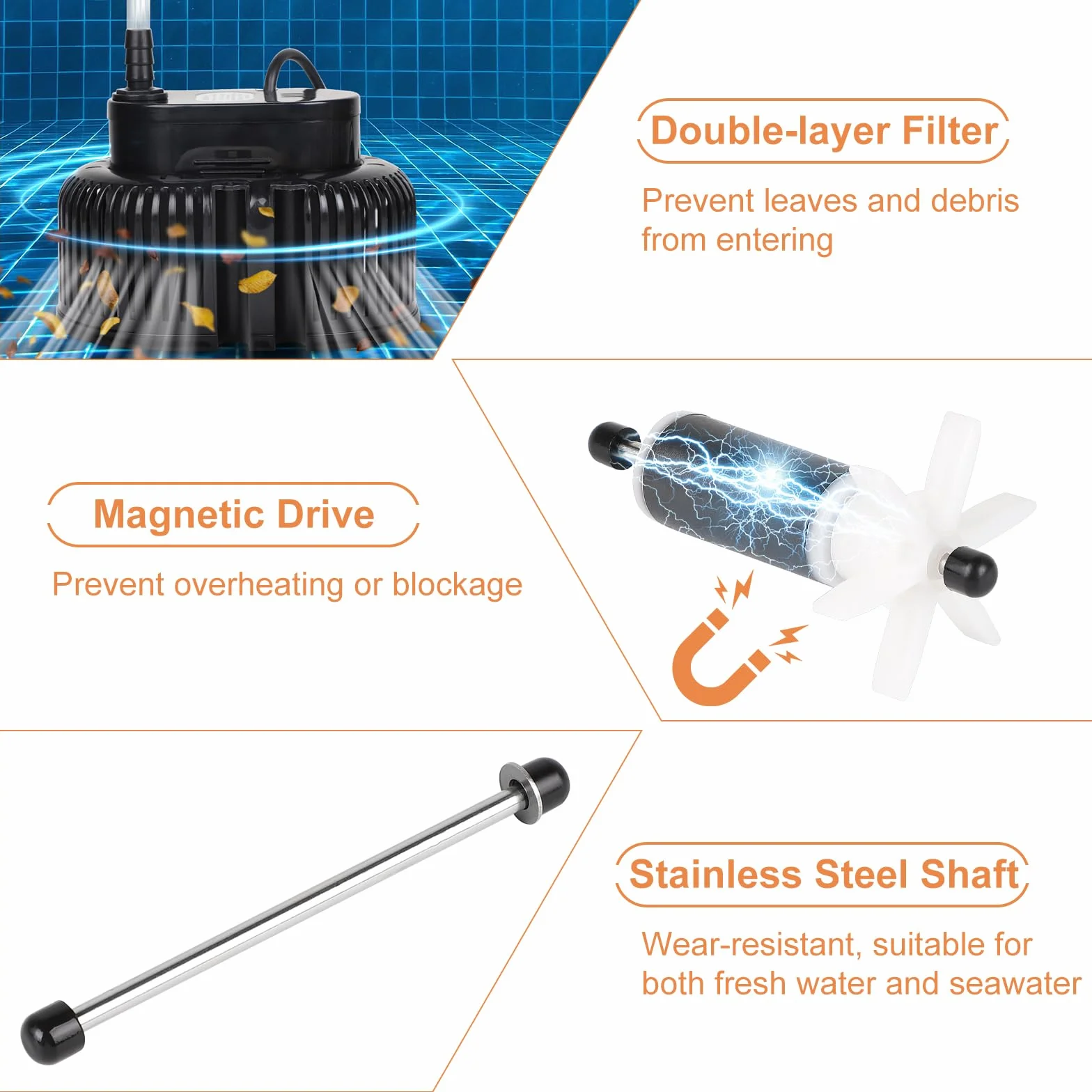 EFUTURETIME Pompa zatapialna 75 W mała pompa do stawu 2500 l/h pompa filtrująca bez pływaka z kablem 7,2 m, 3 różne adaptery, wąż 5 m, 2 zaciski (czarny)