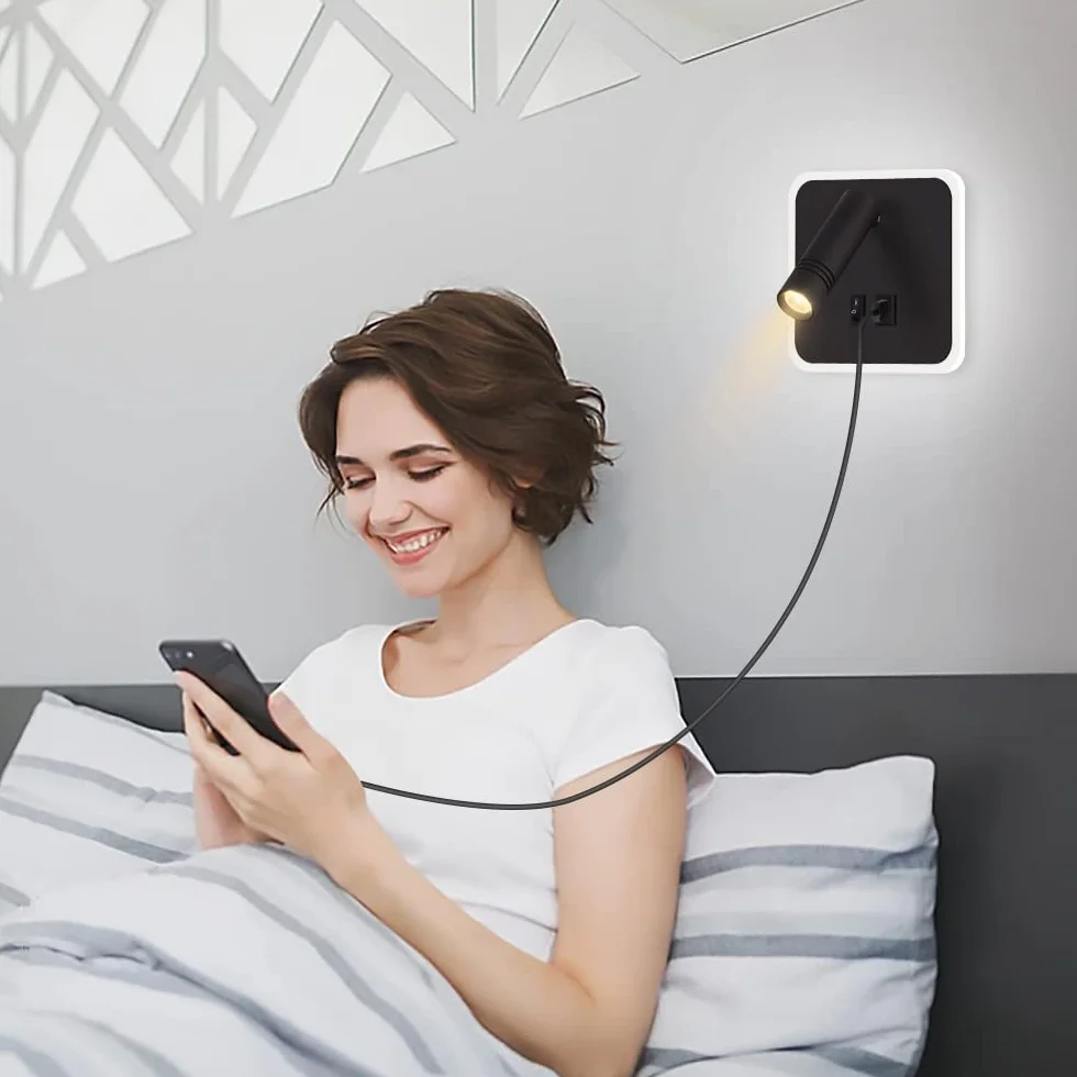 ERWEY Lampa ścienna LED do czytania, regulowana 3W 4000K + 5W 6000K, z przełącznikiem i USB, czarna