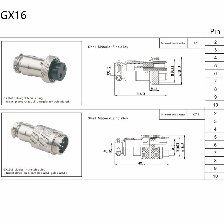 GX16 6-biegunowy kabel lotniczy męski żeński 22AWG 2m