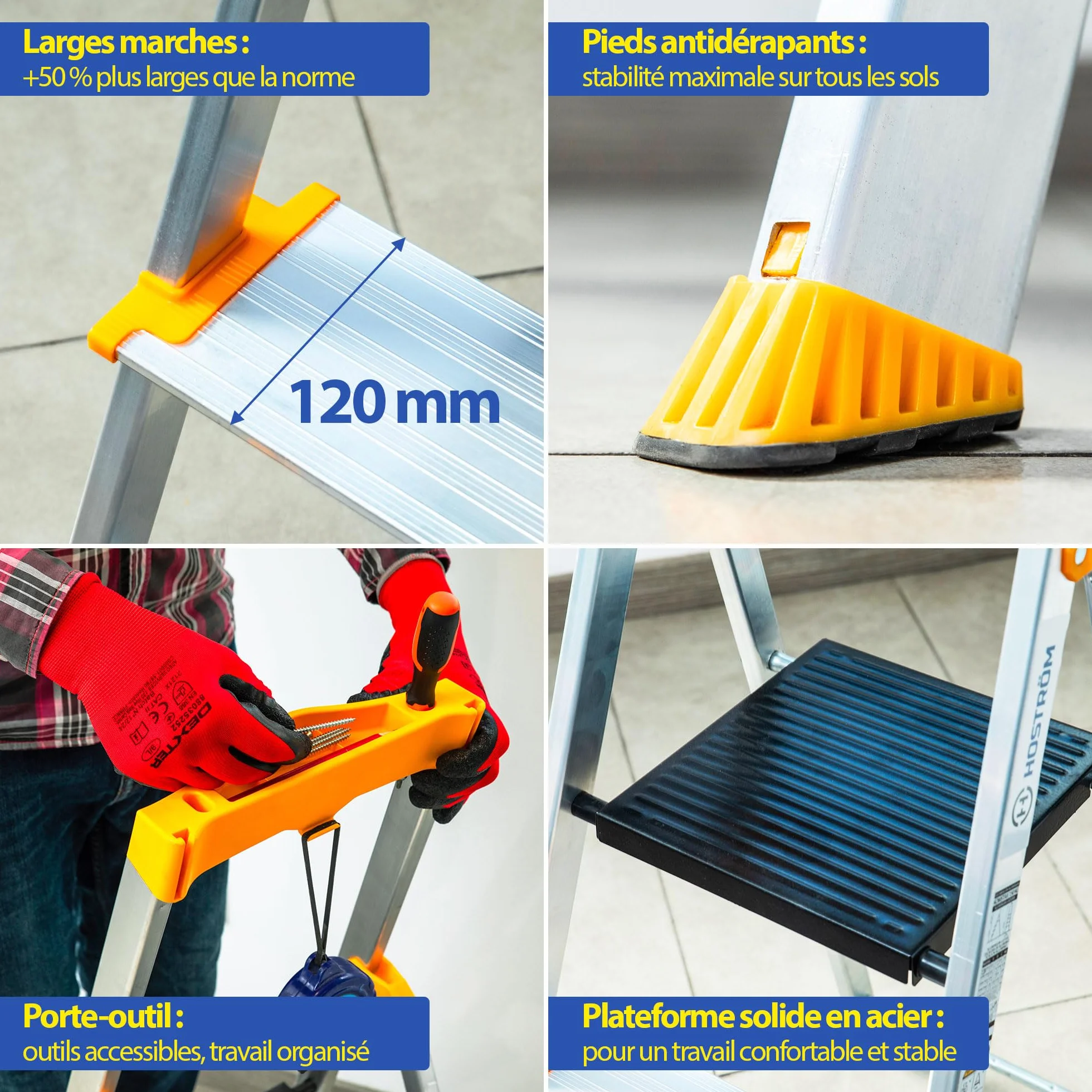 HOSTROM 7-stopniowa aluminiowa drabinka składana, 12 cm stopnie, uchwyt na narzędzia