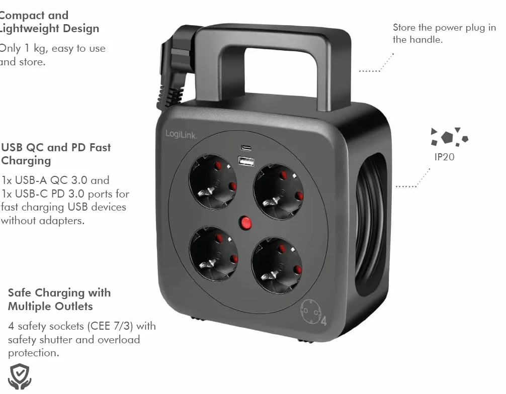 LogiLink LPS504 bęben kablowy 5 m 4 gniazda wtykowe USB-A USB-C IP20 termiczny wyłącznik przeciążeniowy