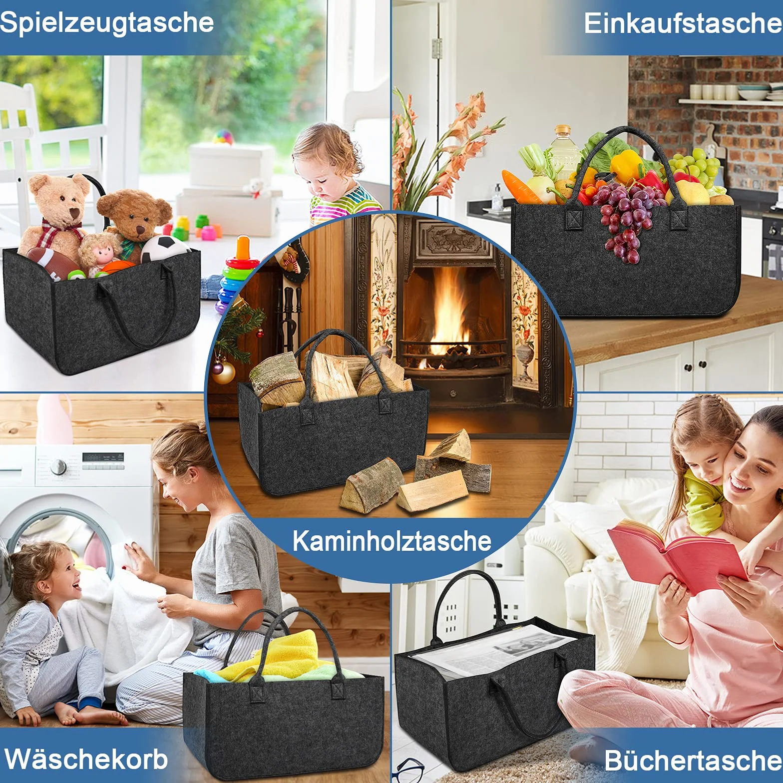 Zestaw 4 filcowych toreb kominkowych z uchwytami 25x25x50 cm ciemnoszary