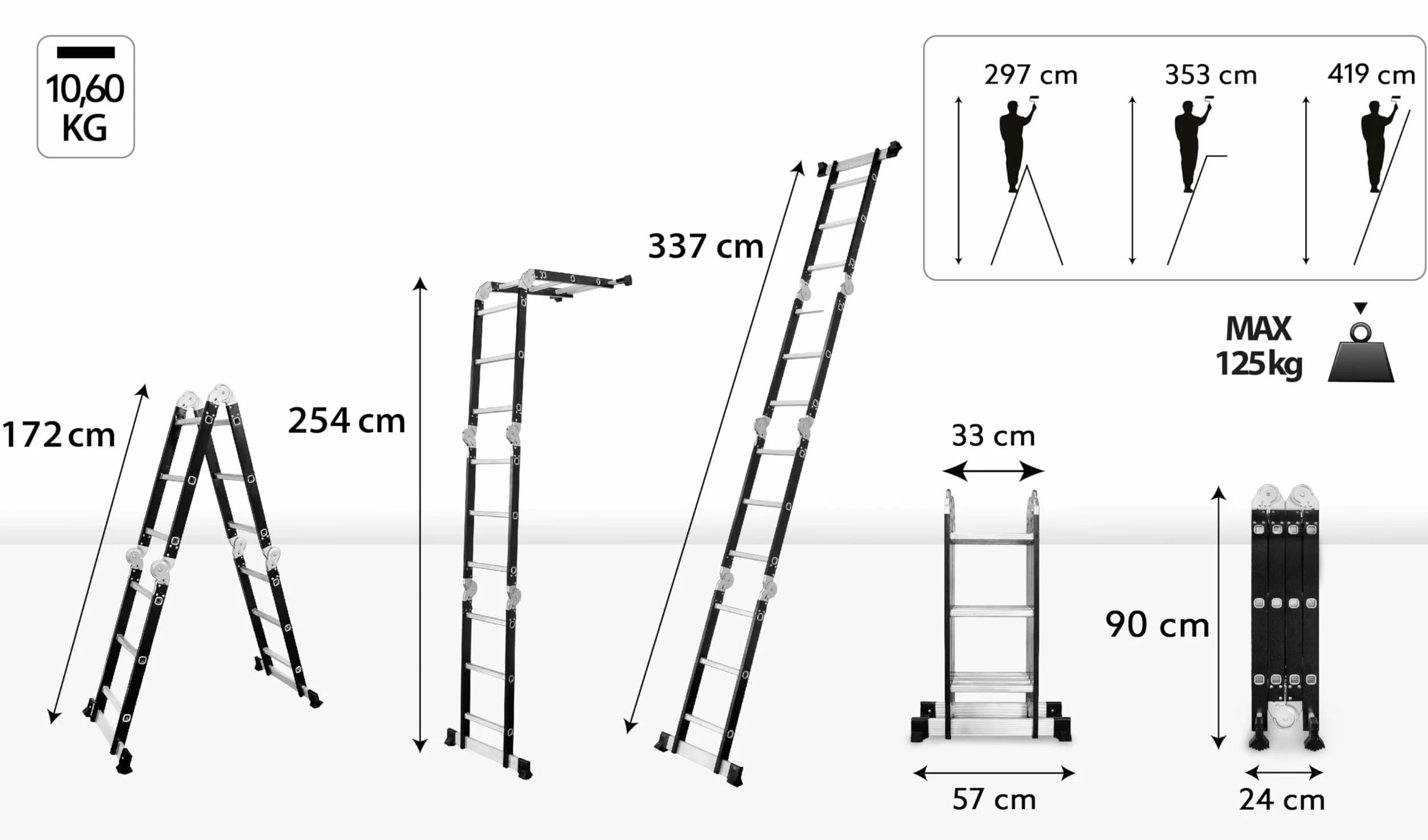 DRABEST Drabina uniwersalna wielofunkcyjna przegubowa składana 4x3 stopnie – Solidna konstrukcja – Aluminium + stal – Maksymalne obciążenie 125 kg – 0,32 x 0,98 x 0,25 m