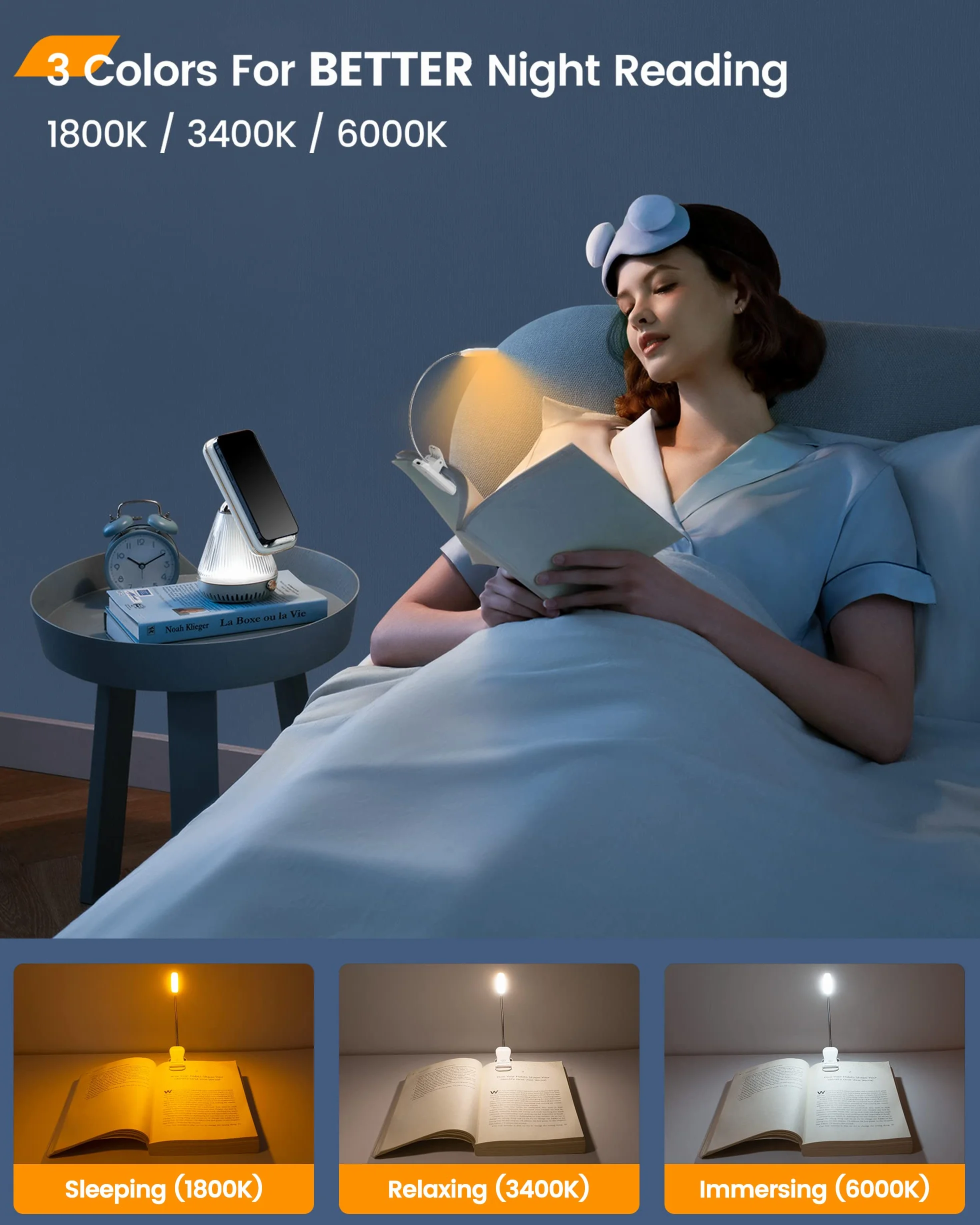 Glocusent Lampa do czytania z 10 diodami LED, klips, 3 kolory, 3 jasność, USB-C, 80h