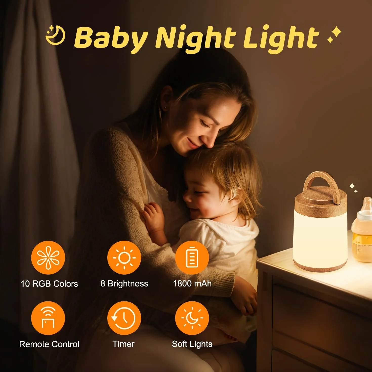One Fire Lampka nocna dla niemowląt RGB 10 kolorów 8 jasności ściemniana pilot zdalnego sterowania 200 h