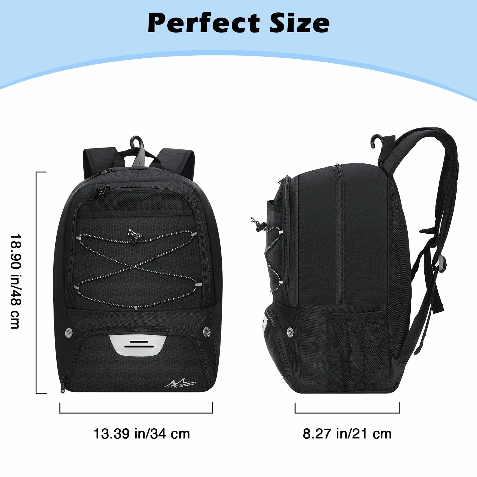 MoKo Basketball Bag Backpack, Football Backpack with Separate Ventilated Shoes & Ball Compartments, Water-Resistant, Black, 18.90 x 13.39 x 8.27 inches