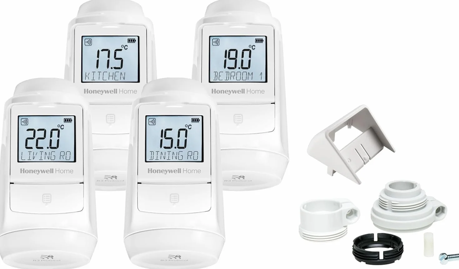 Honeywell Home Evohome termostat grzejnikowy 4 sztuki z adapterami – przestrzeń do pomieszczenia, kontrolowany komfort, prosty
