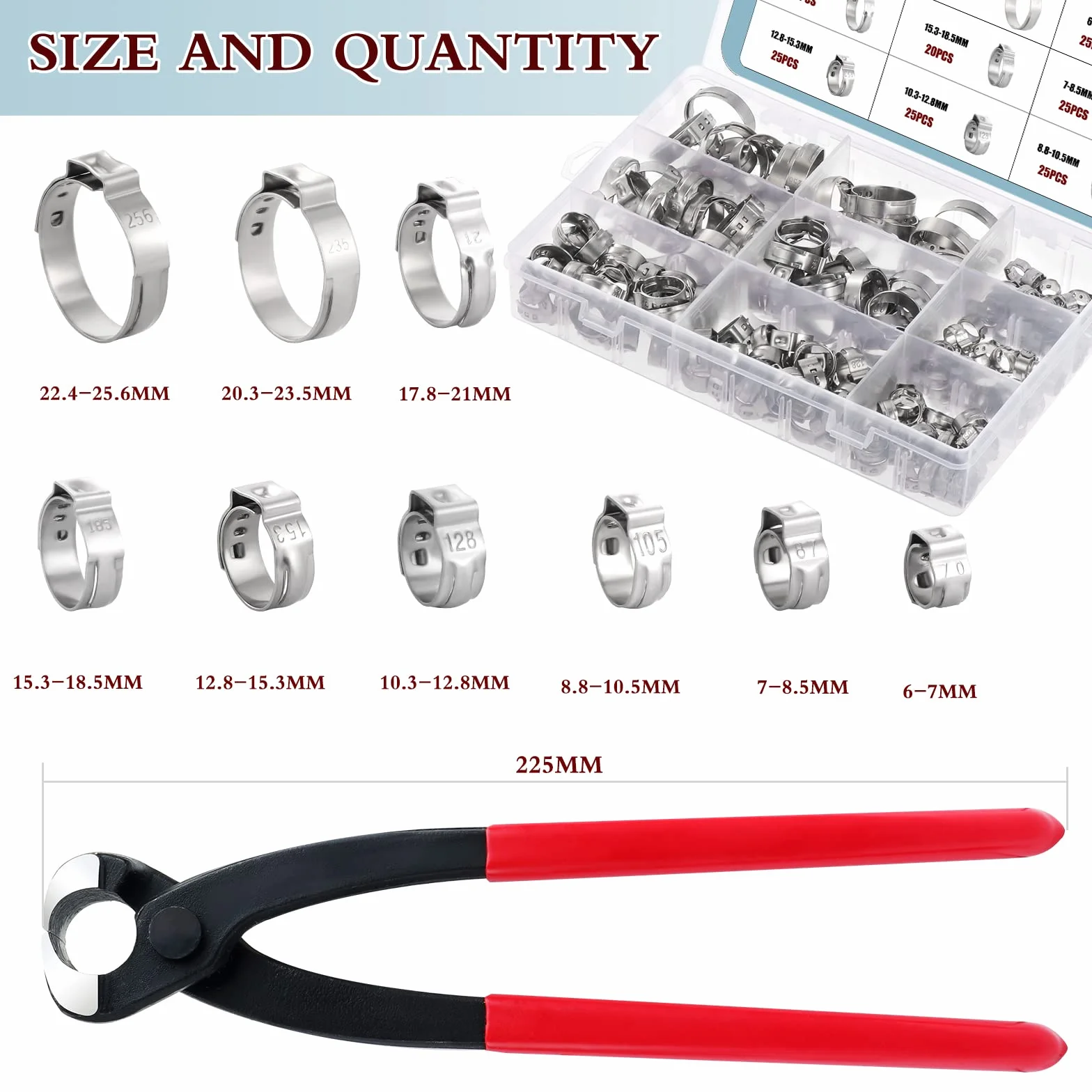 Morsetti per tubo in acciaio inox 180 pezzi 9 misure 6-25,6 mm Clip flessibile