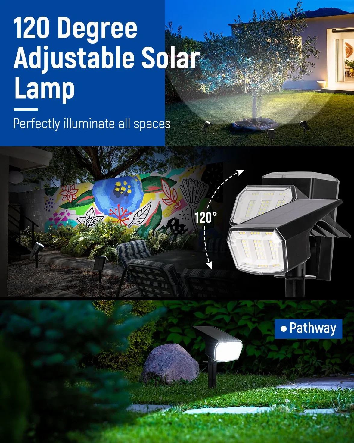 Solpex Solarne lampy punktowe, 4 sztuki, lampy solarne do ogrodu, 63 diody LED, 3 tryby oświetlenia, wodoodporne reflektory IP65, na podwórko, do ogrodu, domu, garażu, na ścieżkę (zimna biel)