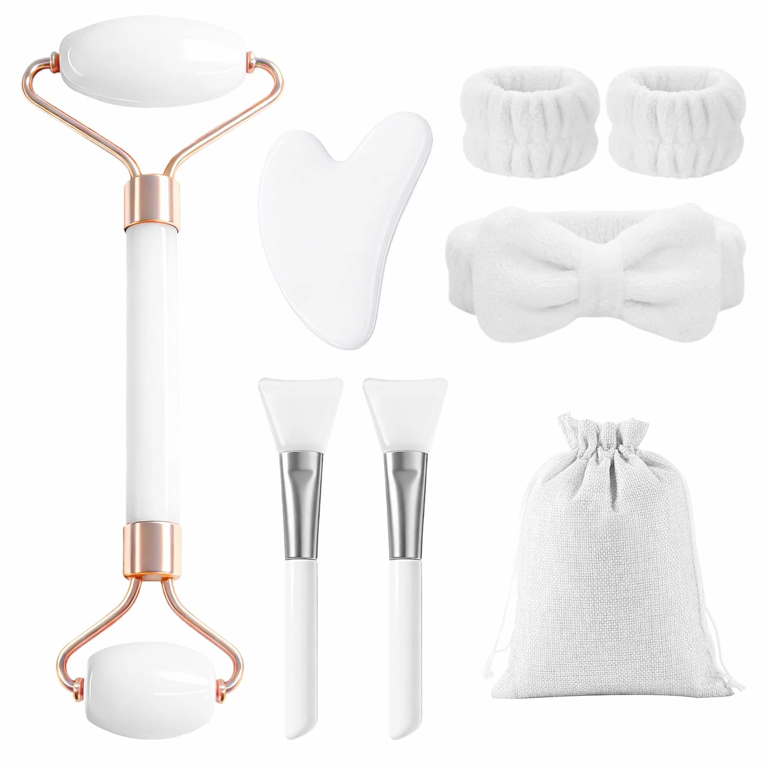 flintronic Zestaw 7 w 1 Gua Sha do twarzy, Gua Sha i wałek do twarzy, wałek do masażu twarzy przeciwzmarszczkowy, łagodzi skórę i eliminuje obrzęk oczu
