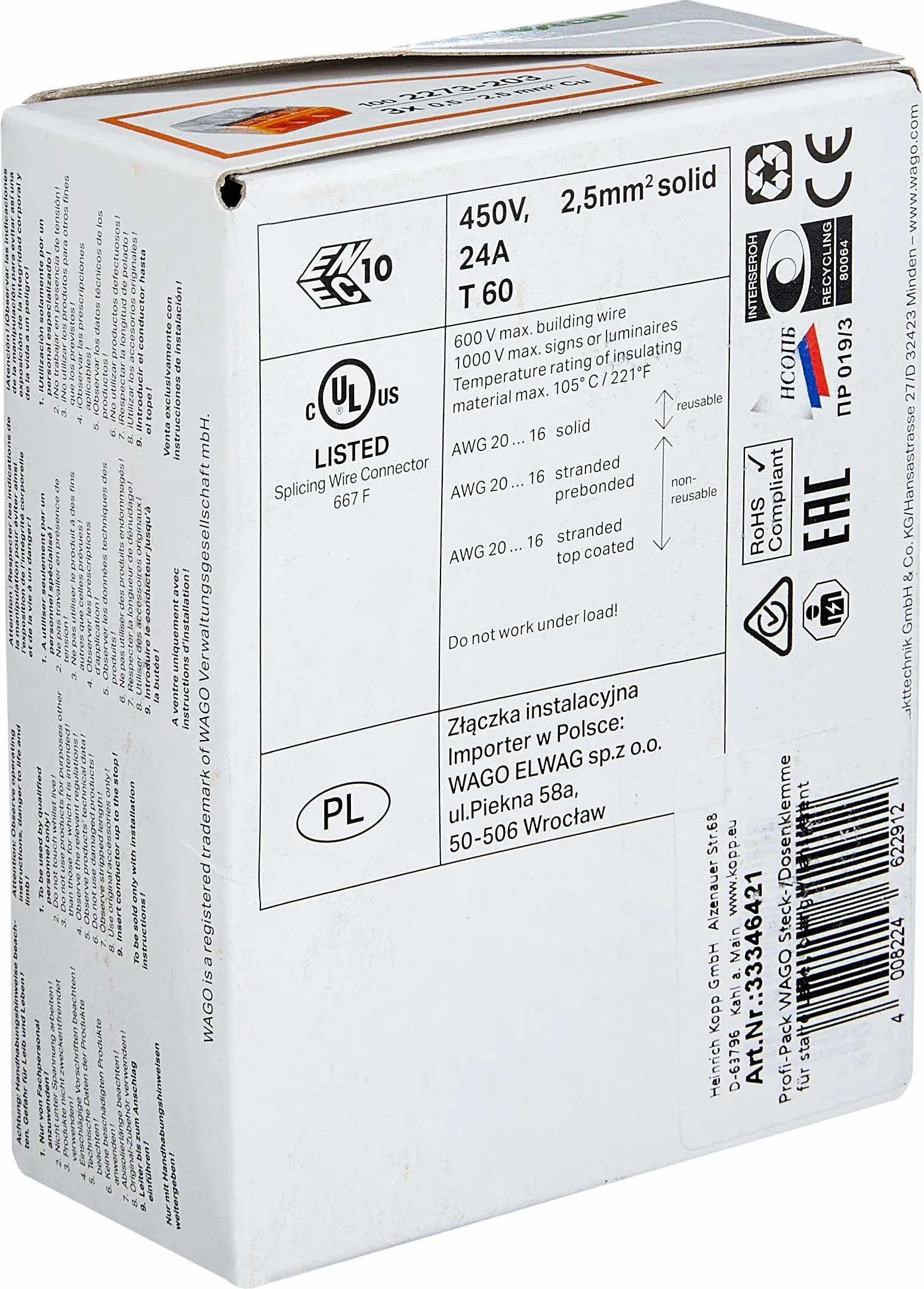 Kopp Wago Compact 3-Przewodowy Zacisk 0,5-2,5 mm² 100 Sztuk Przezroczysty Pomarańczowy