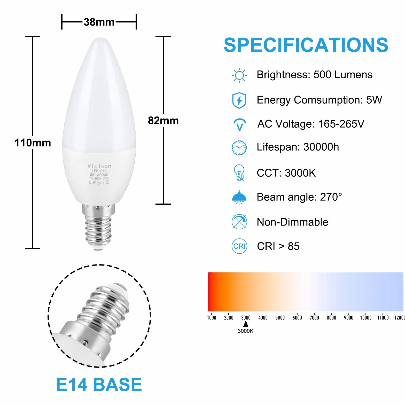 Vicloon Żarówki świecowe LED E14 5,5W C37 40W 3000K 500LM ciepła biel nieściemniane 5 szt.