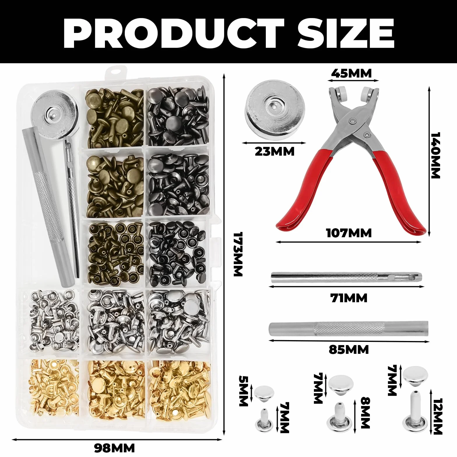 Zestaw 180 nitów skórzanych 12 8 6 mm podwójny nit metalowe kołki rurkowe 3 narzędzia do mocowania