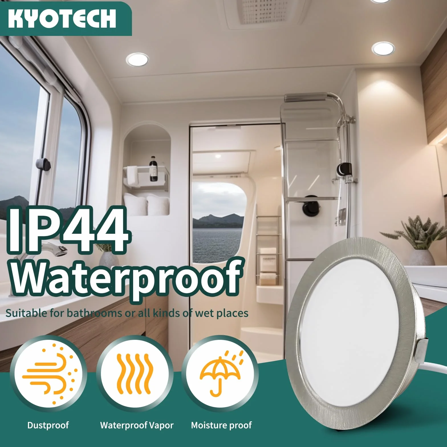 KYOTECH Zestaw 6 lamp meblowych LED 230V 3,5W IP44 G4 15mm płaskie do zabudowy szczotkowana stal nierdzewna 3000K ciepła biel