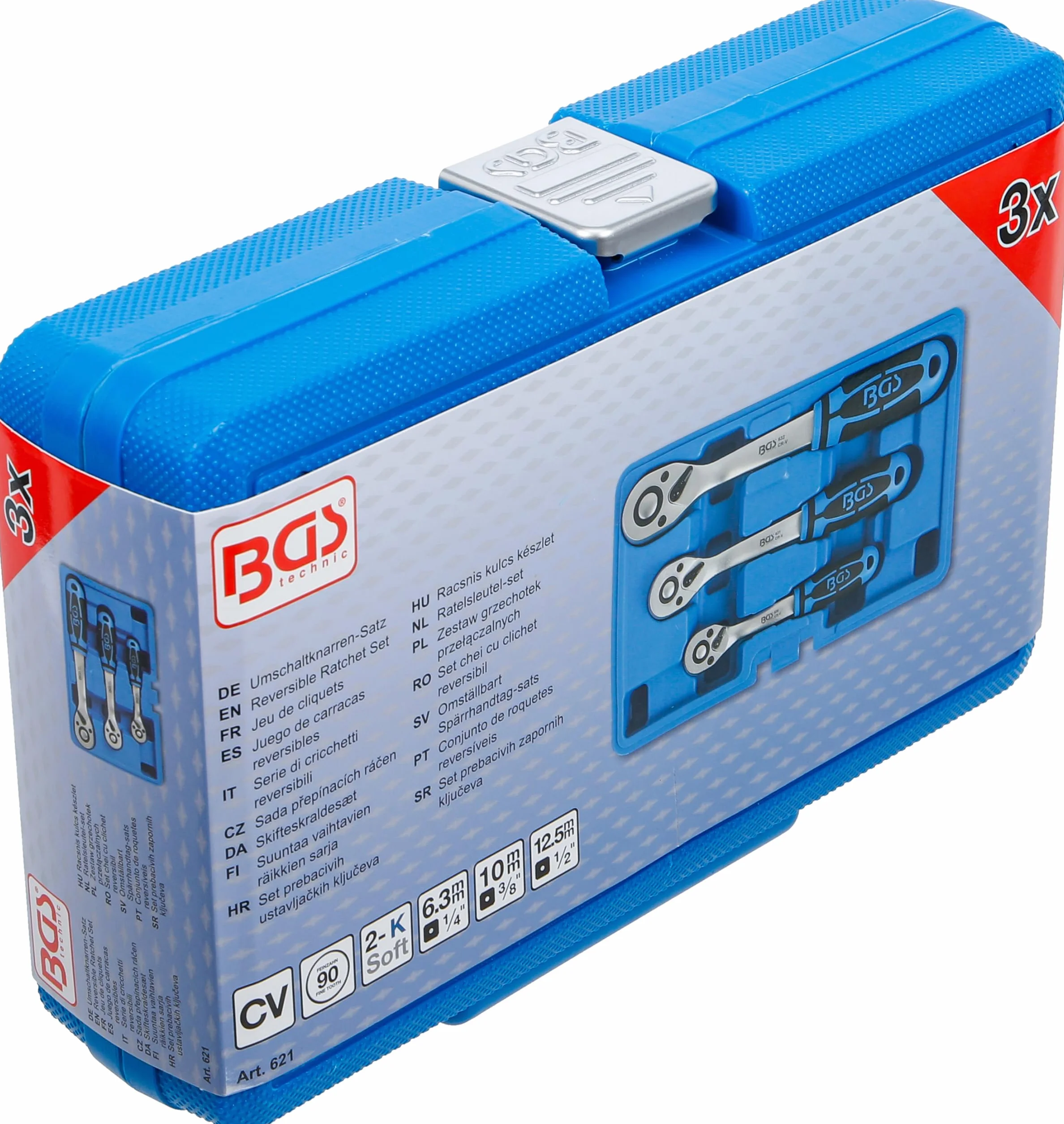 BGS 621 Zestaw grzechotek przełączalnych z drobnym uzębieniem 6,3 mm 10 mm 12,5 mm 3 szt
