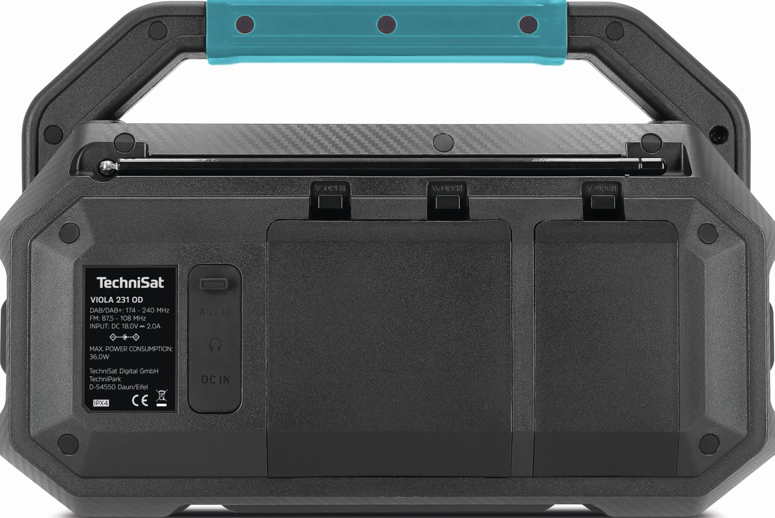 TechniSat Viola 231 OD akumulator Makita kompatybilne radio budowlane DAB+ UKW AUX in Bluetooth IPX4 ochrona przed wodą rozbryzgową 2 x 15 W głośniki stereo