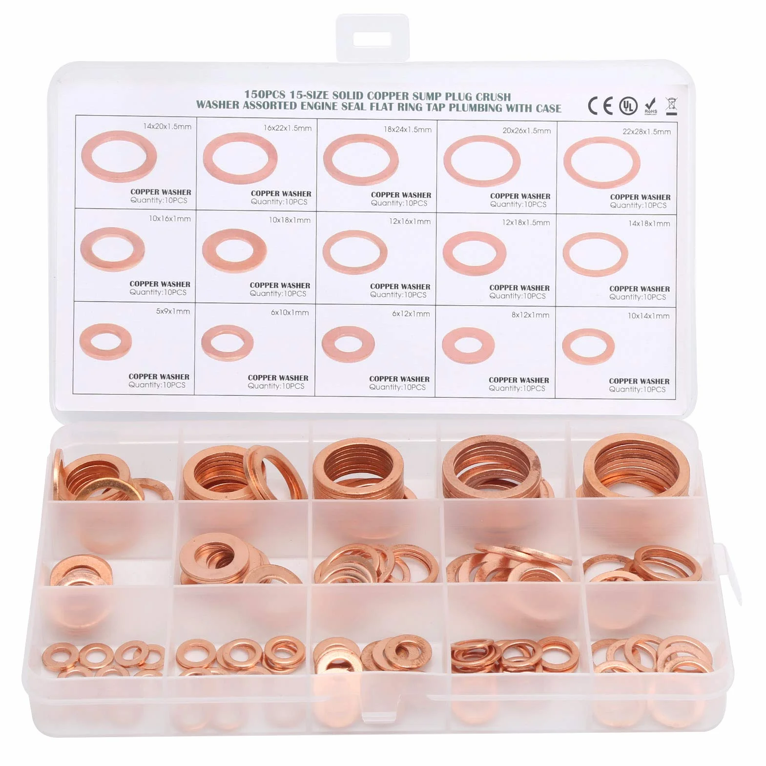 150 sztuk płaskiego pierścienia uszczelniającego, czerwona miedziana uszczelka, zestaw podkładek O-ringów, plastikowe pudełko