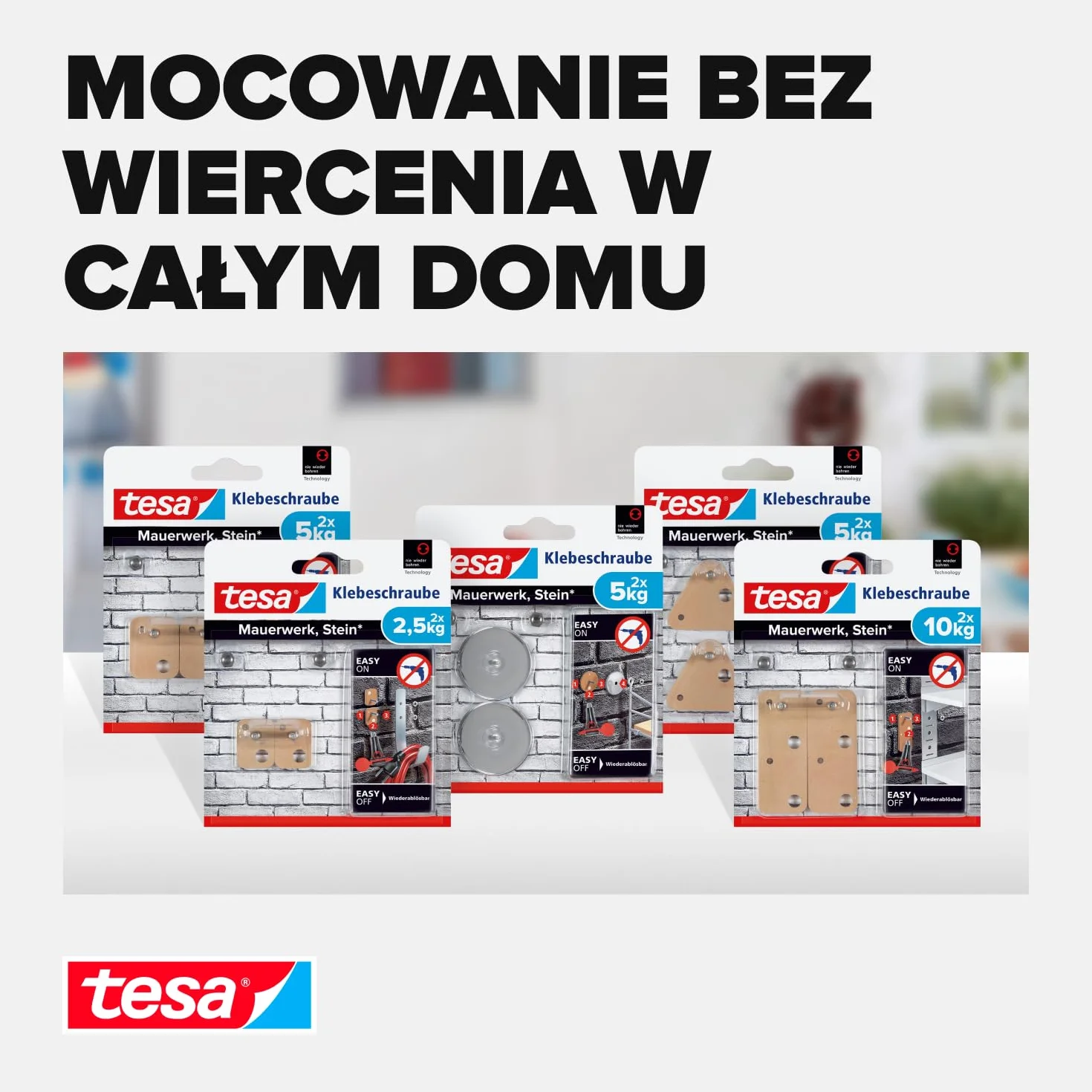 tesa Śruba klejąca do muru i kamienia, moc trzymania 2,5 kg, czworokątna, 2 sztuki