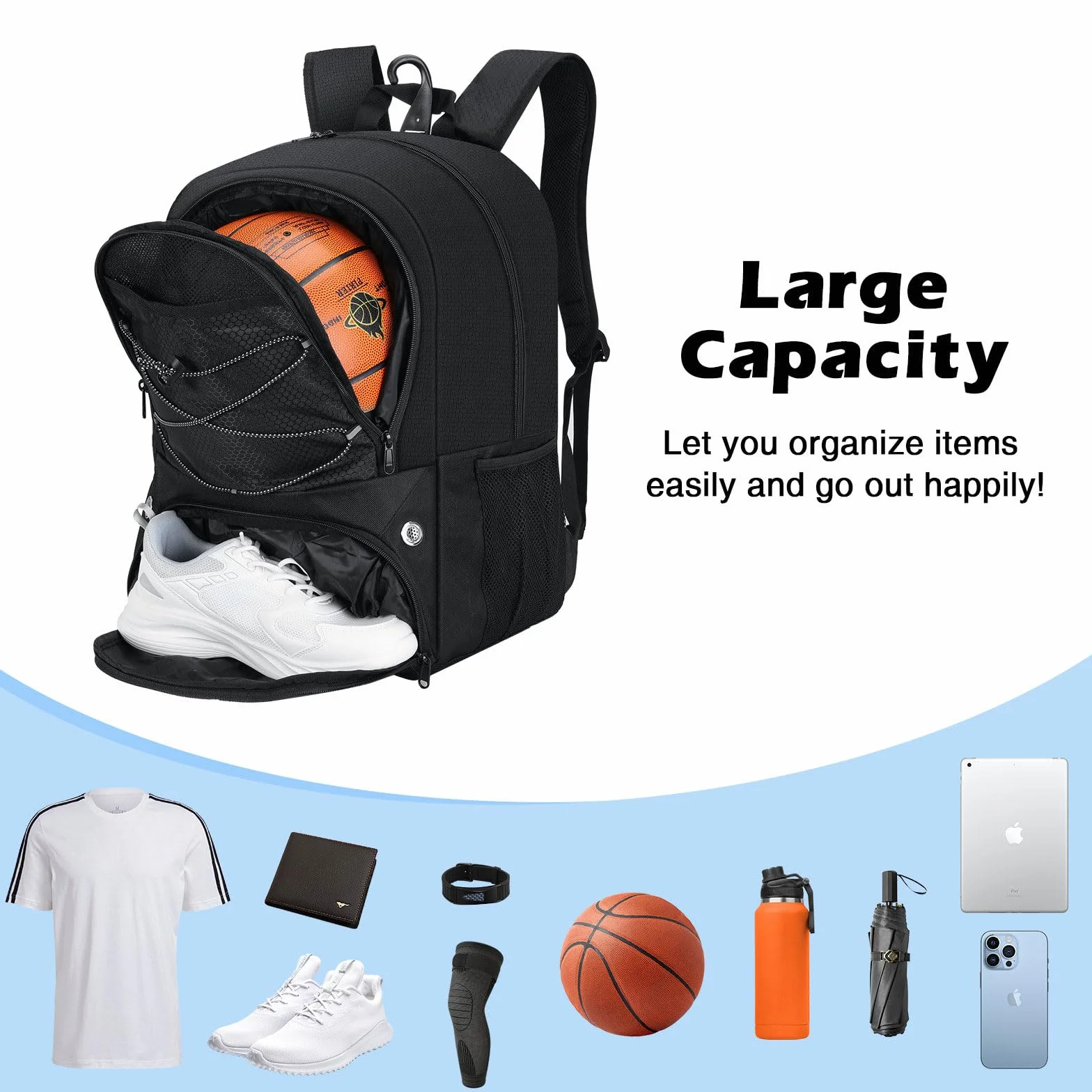 MoKo Basketball Bag Backpack, Football Backpack with Separate Ventilated Shoes & Ball Compartments, Water-Resistant, Black, 18.90 x 13.39 x 8.27 inches