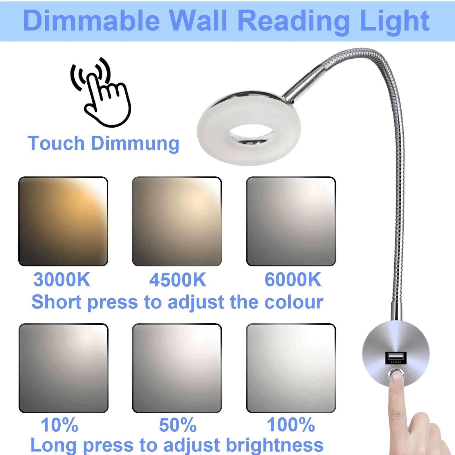 VOMI Lampka do czytania LED ścienna dotykowa ściemniana 360° 5W USB