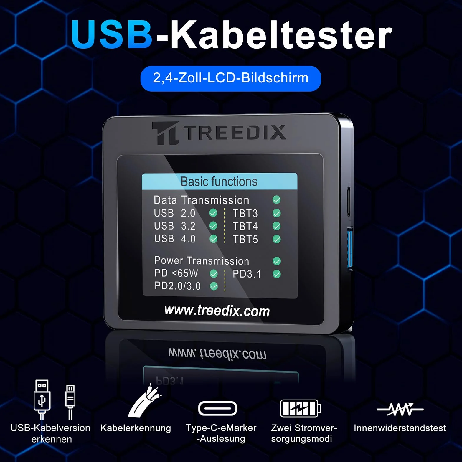 Treedix Tester kabli USB-C 2,4-calowy wyświetlacz LED tester USB obsługuje testy kabli rezystancji Type-C eMarker