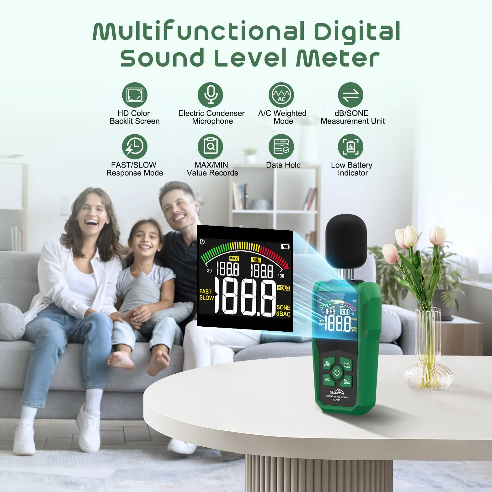 SQECH Miernik Poziomu Dźwięku 30-130dB z Kolorowym Ekranem, Ważenie A/C, dB/SONE, FAST/SLOW