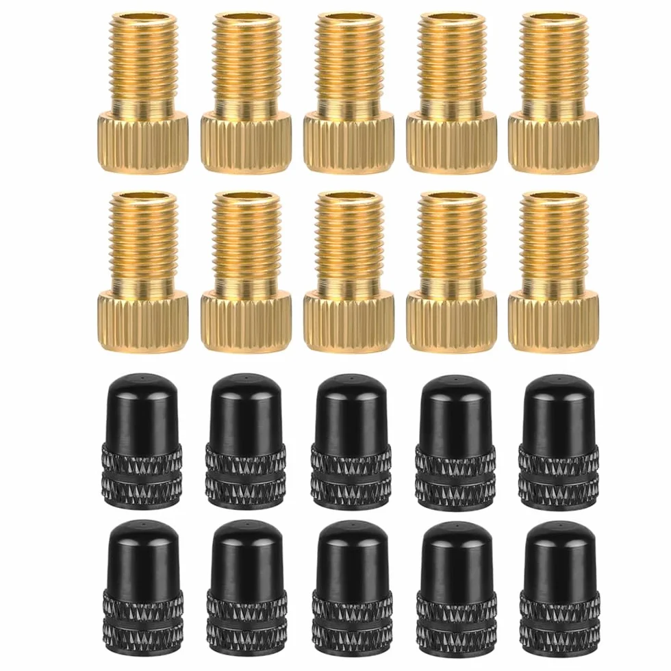 Adapter mosiężny do wentyli Presta + 10 sztuk nakrętek na wentyle Schradera, wentyl samochodowy AV, zestaw adapterów do wentyli rowerowych, adapter do wentyli francuskich