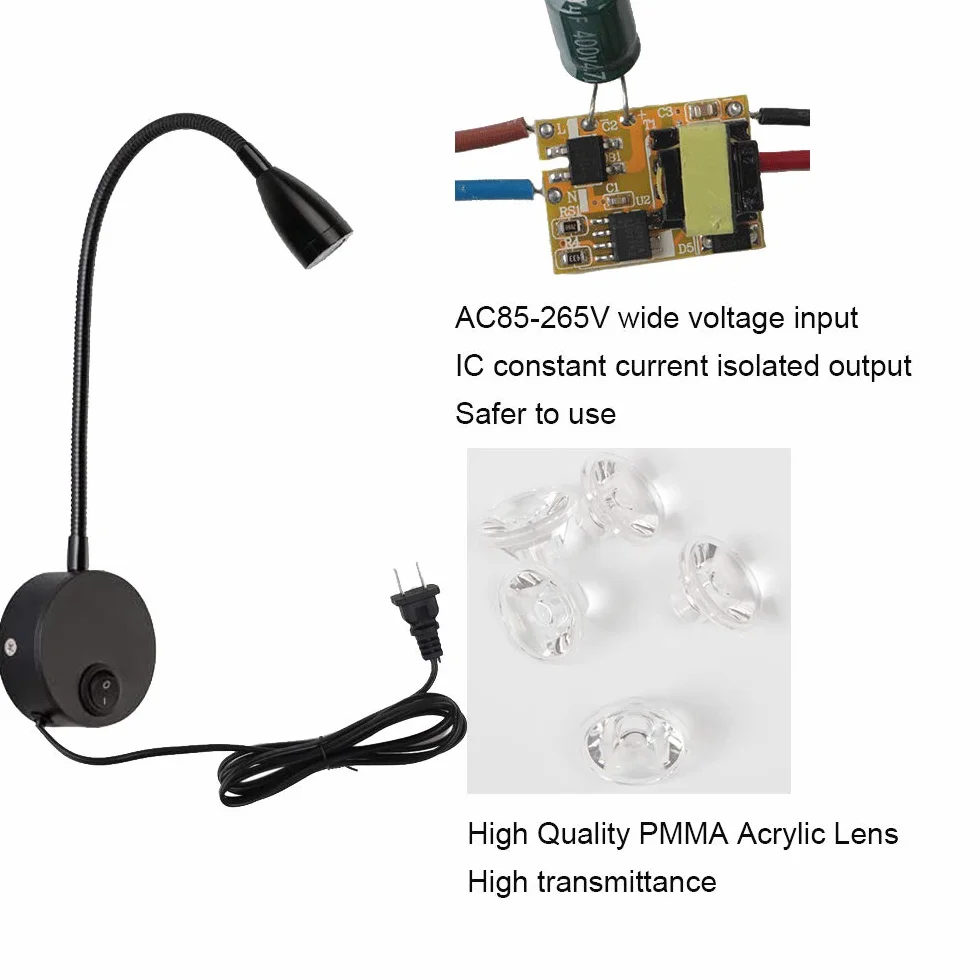 Lampa LED do czytania Yangli 3W 3000K czarno-ciepła biel z włącznikiem i wtyczką