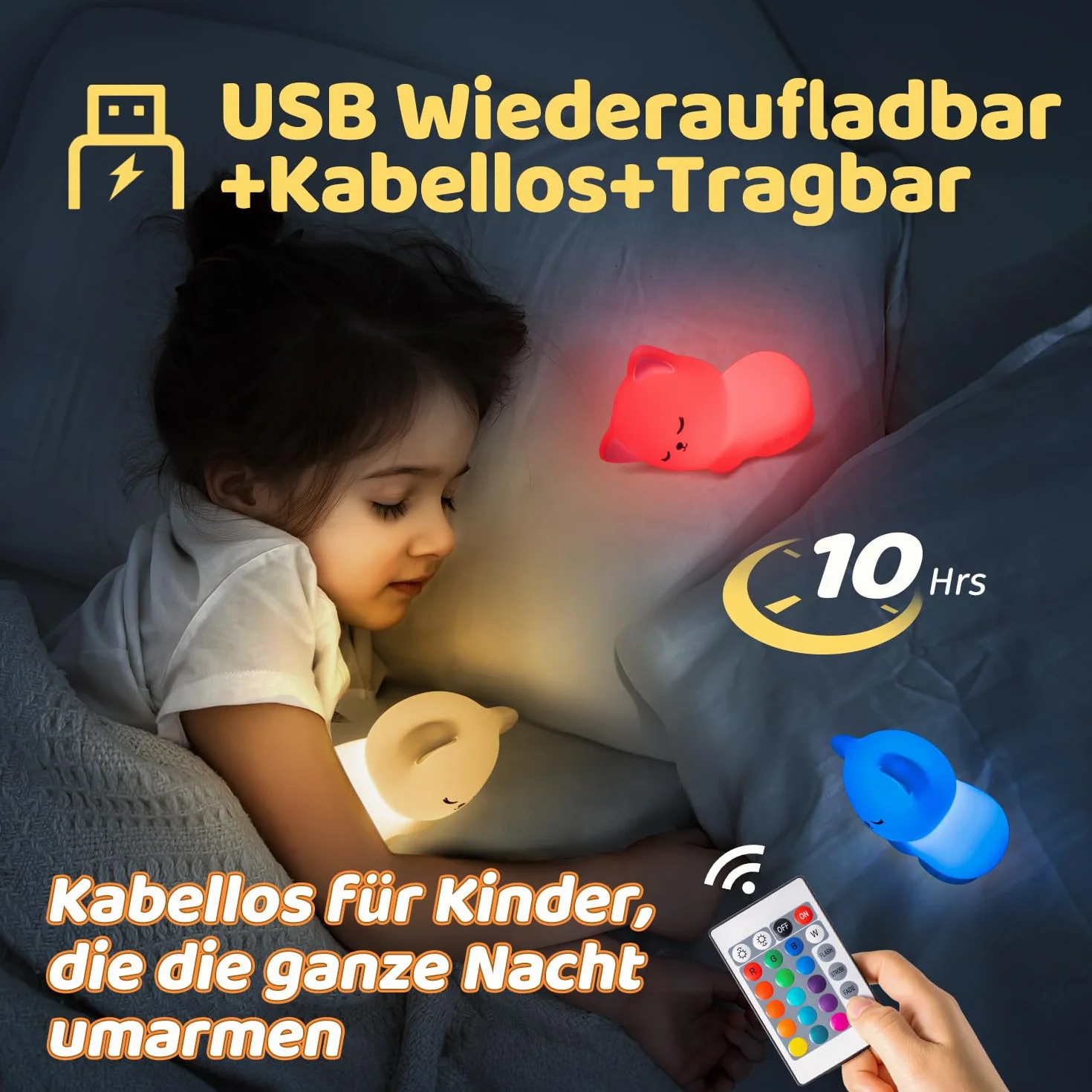 Lampka nocna dla dzieci kot 16 kolorów pilot zdalnego sterowania USB akumulator ściemniana Kawaii