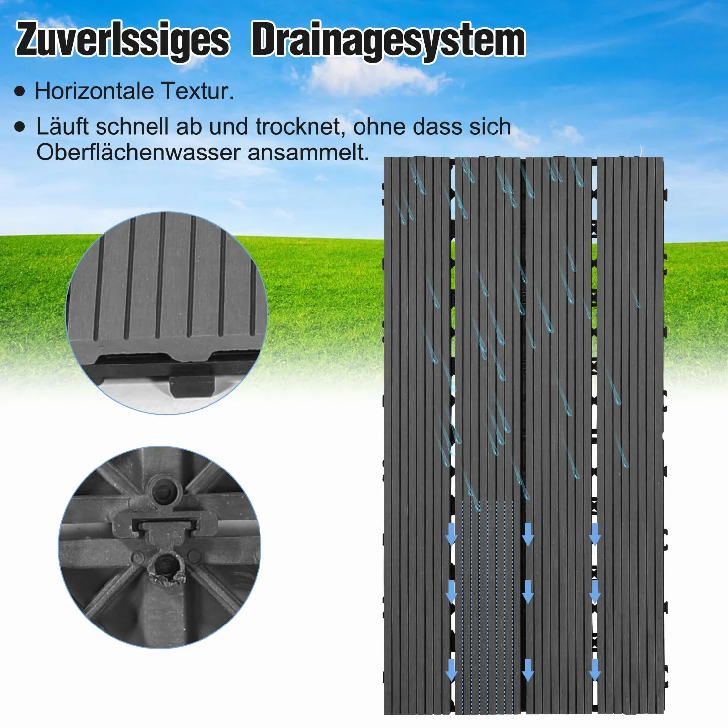 Fiqops Płytki tarasowe z WPC, 24 sztuki, 30 x 60 cm, płytki podłogowe na balkon, płytki ogrodowe z systemem zatrzaskowym, płytki tarasowe, wodoodporne, na taras, na 4 m², antracytowe