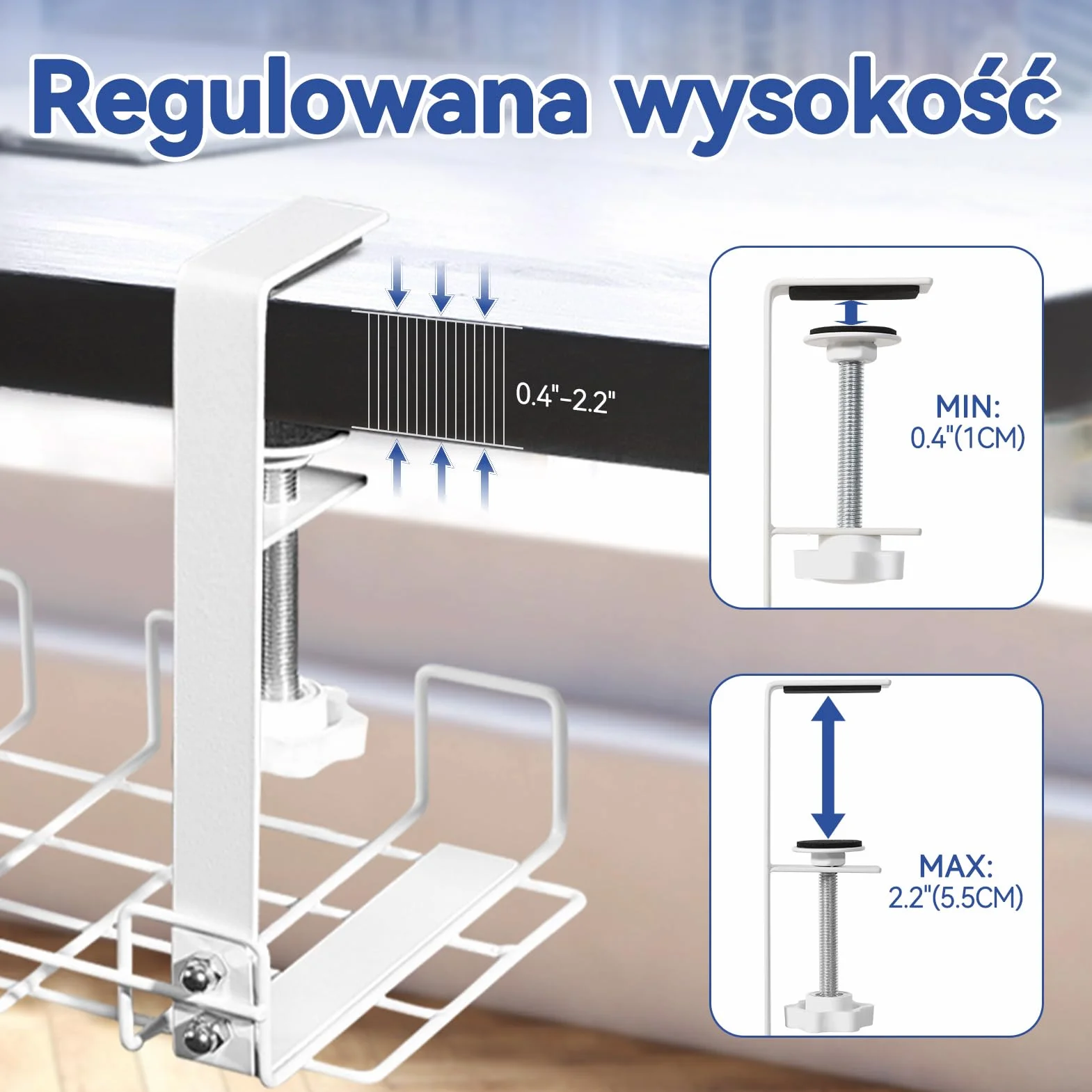 HOMMAND Kanał Kablowy na Biurko, Taca do Zarządzania Kablami pod Biurkiem, Stalowe Organizery Kabli Biurkowych, Organizer Kabli pod Biurko do Zarządzania Kablami i Listwami Zasilającymi, Biały