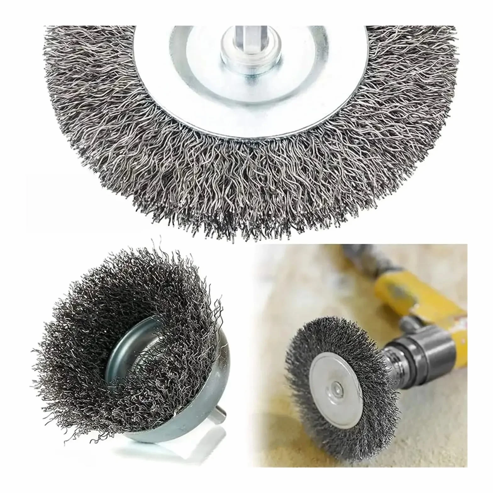 Carbon Steel Wire Brush Wheel Set 8 Piece 1/4 Inch Hex Shank Coarse Crimped
