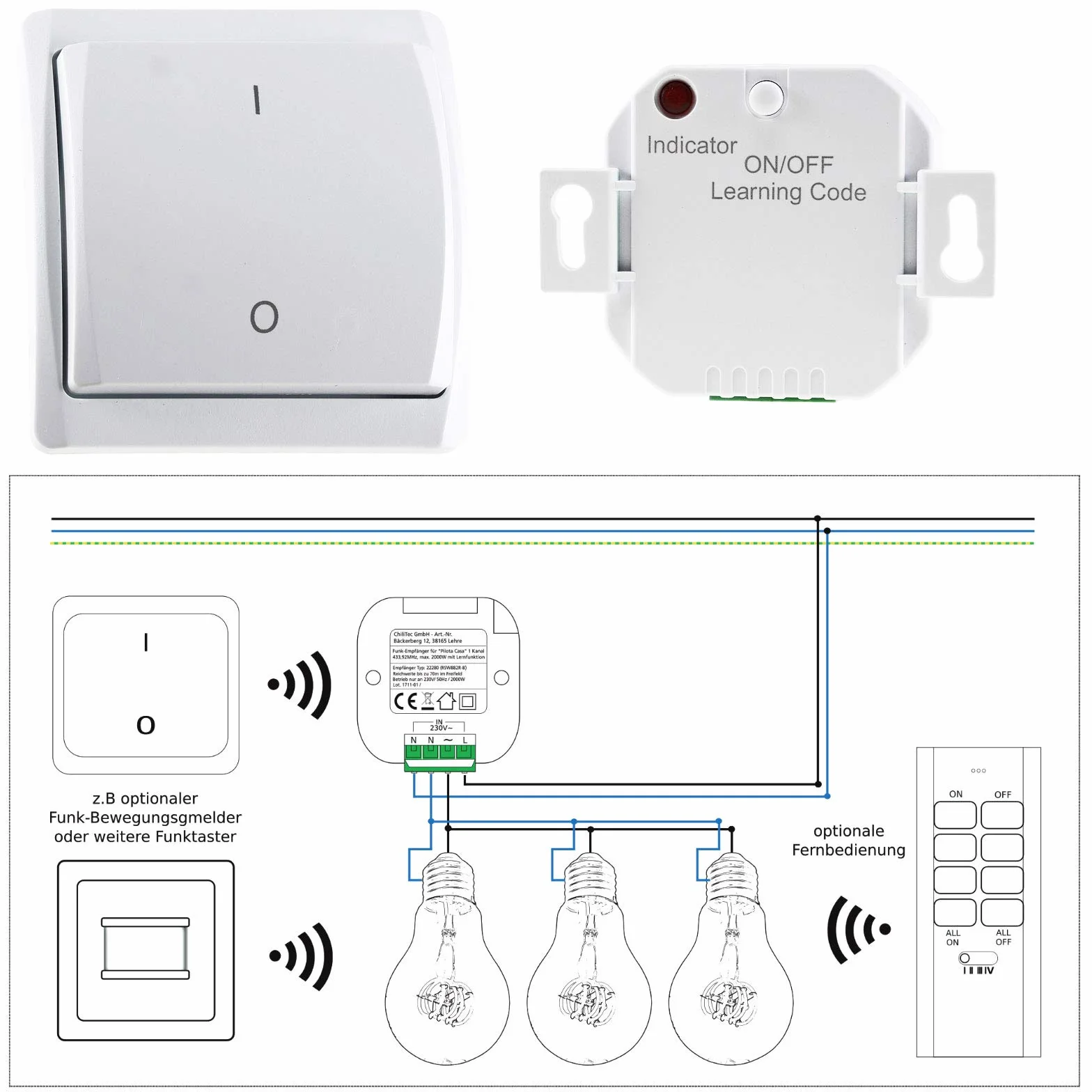Odbiornik radiowy Pilota Casa 1-kanałowy 230 V 2000 W 70 m 49x49x25 mm