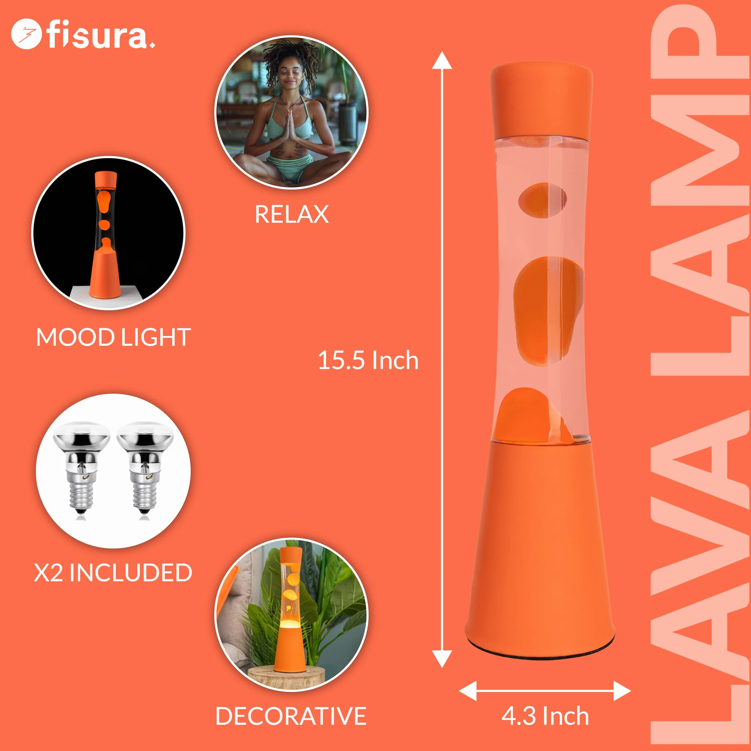 Fisura – Lampa z lawą pomarańczowa. Podstawa i lawa w kolorze pomarańczowym z przezroczystym płynem. Lampa relaksacyjna z zapasową żarówką. 11 cm x 11 cm x 39,5 cm.